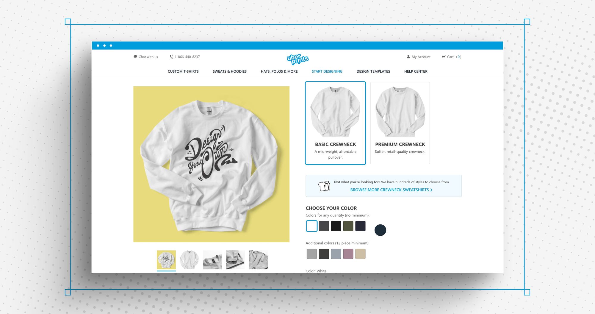 A screenshot which shows all the color options available for the Basic Crewneck and the Premium Crewneck.