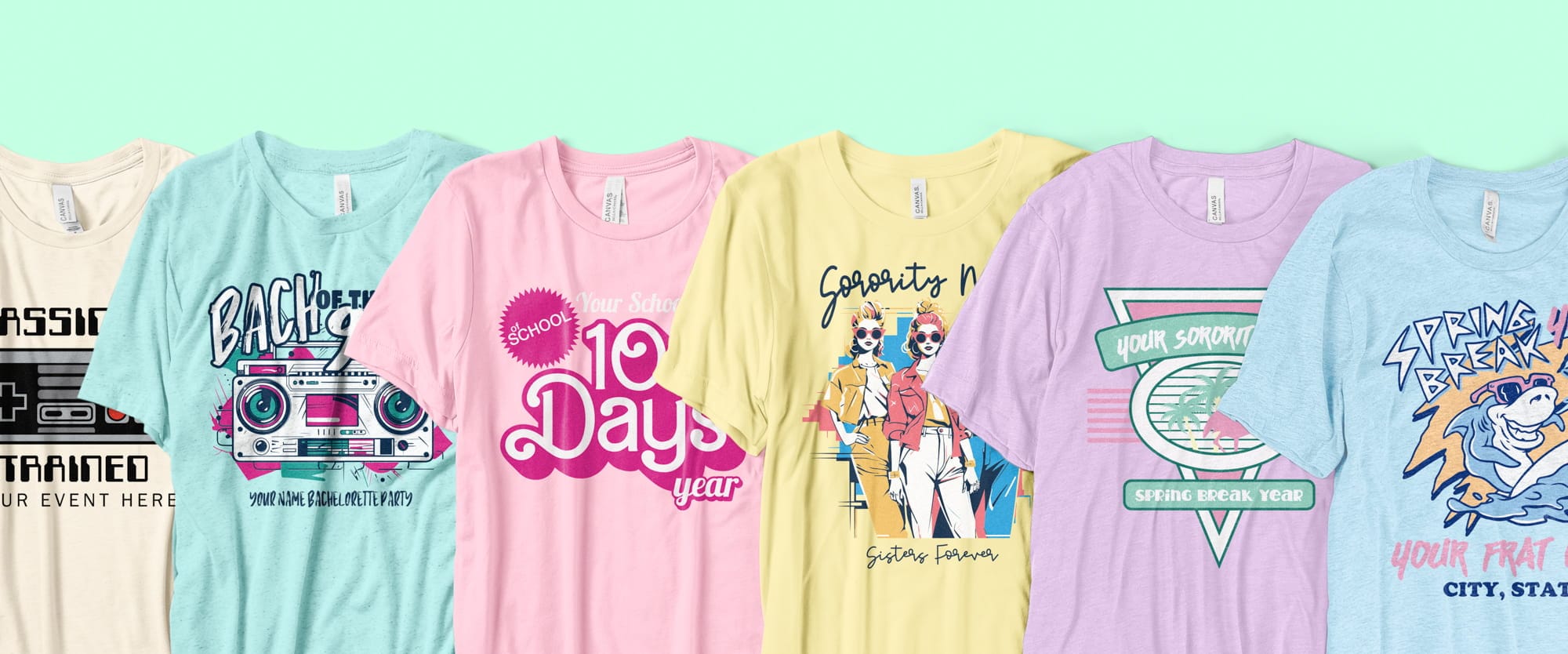 A lineup of six shirts showing 90's inspired designs.