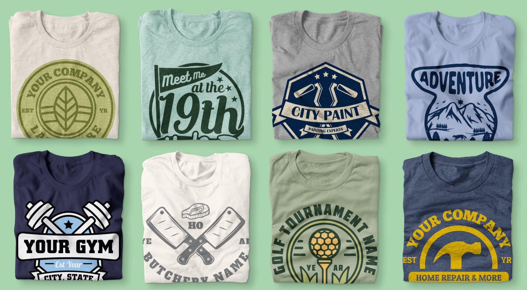 Folded shirts showing a variety of simple and clean designs for businesses and events.