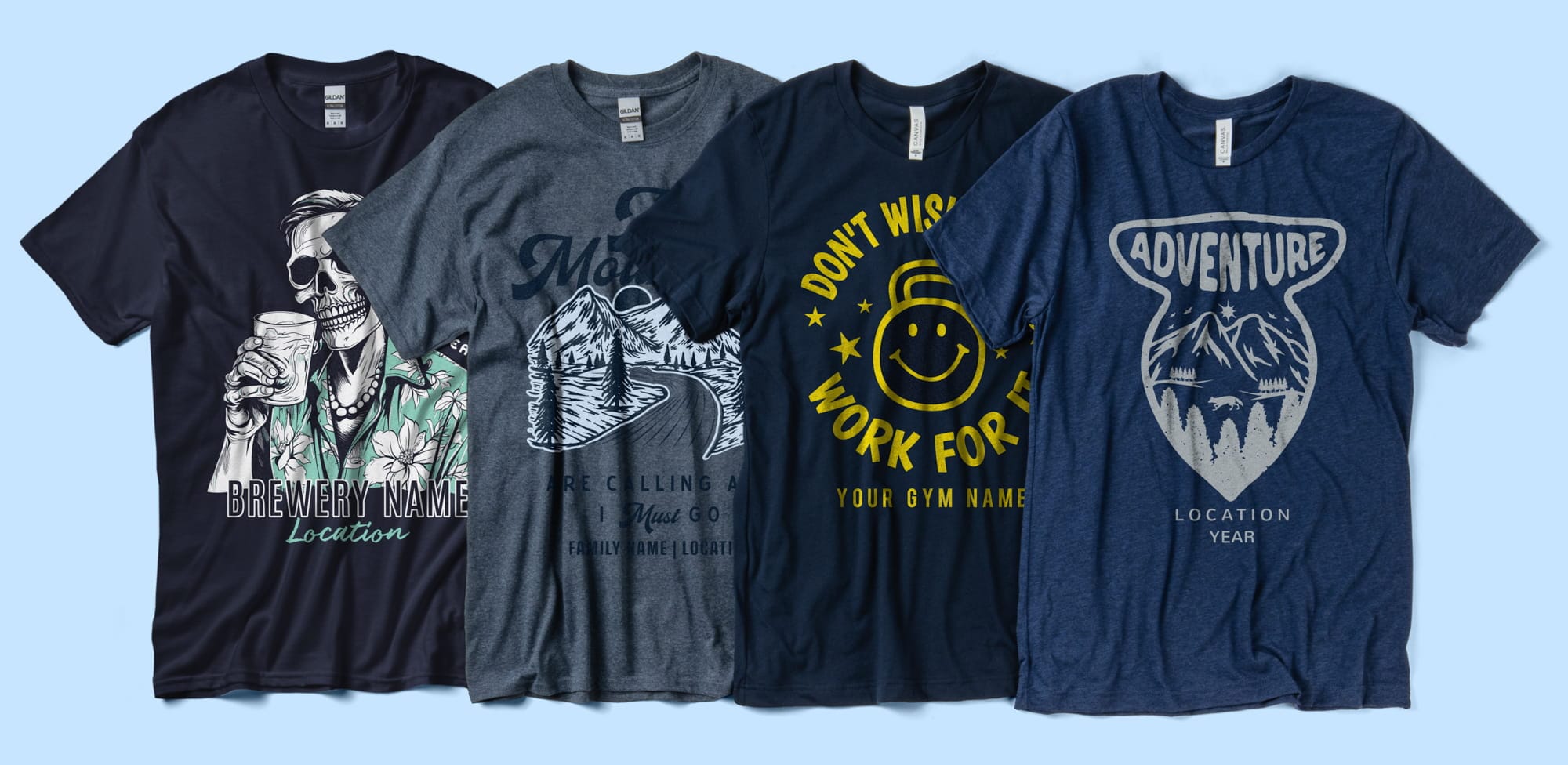 A flatlay showing four of our many different styles of navy tees that we offer.