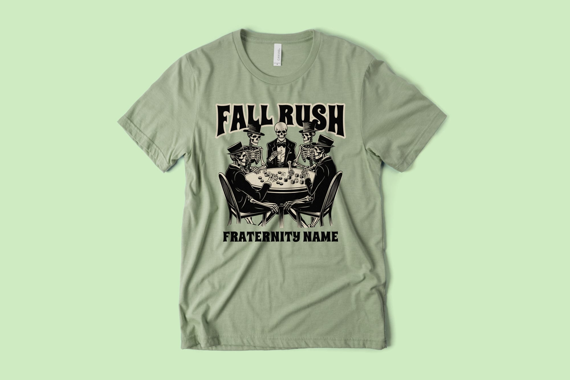 A spooky tee that features a design showing skeletons wearing top hats and playing poker.