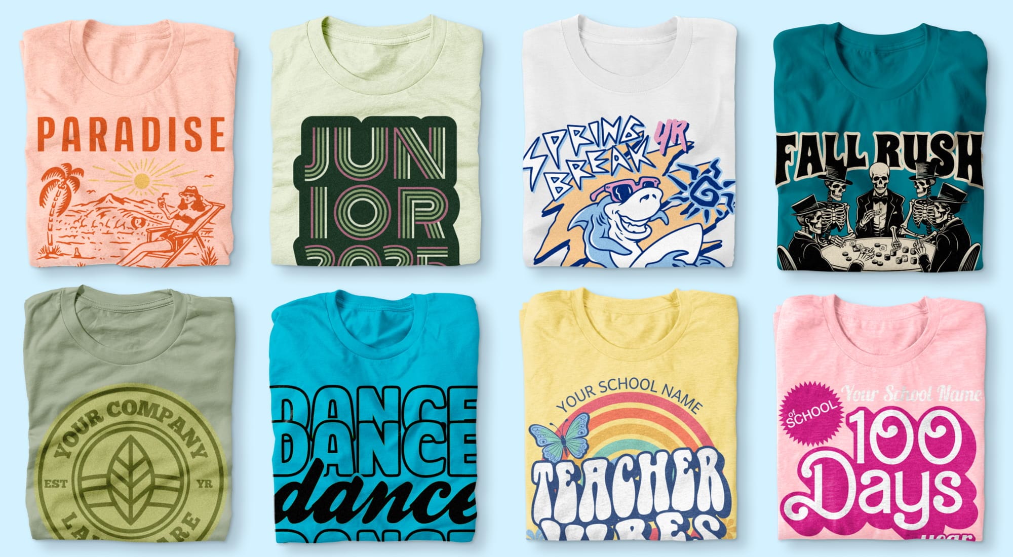 Folded shirts showing a variety of designs mentioned above.