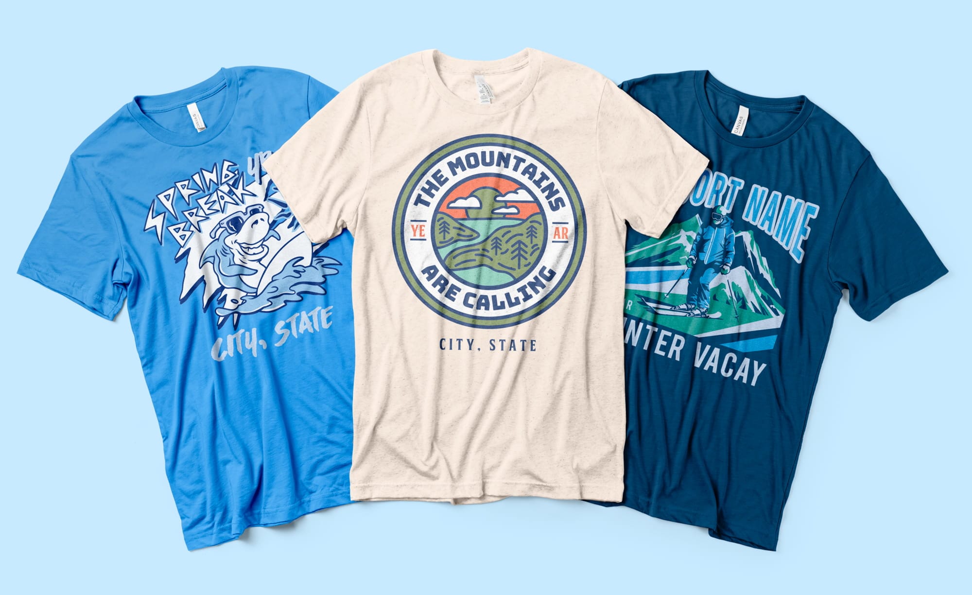 A topdown view of t-shirts showing examples of different ways in which to use color.