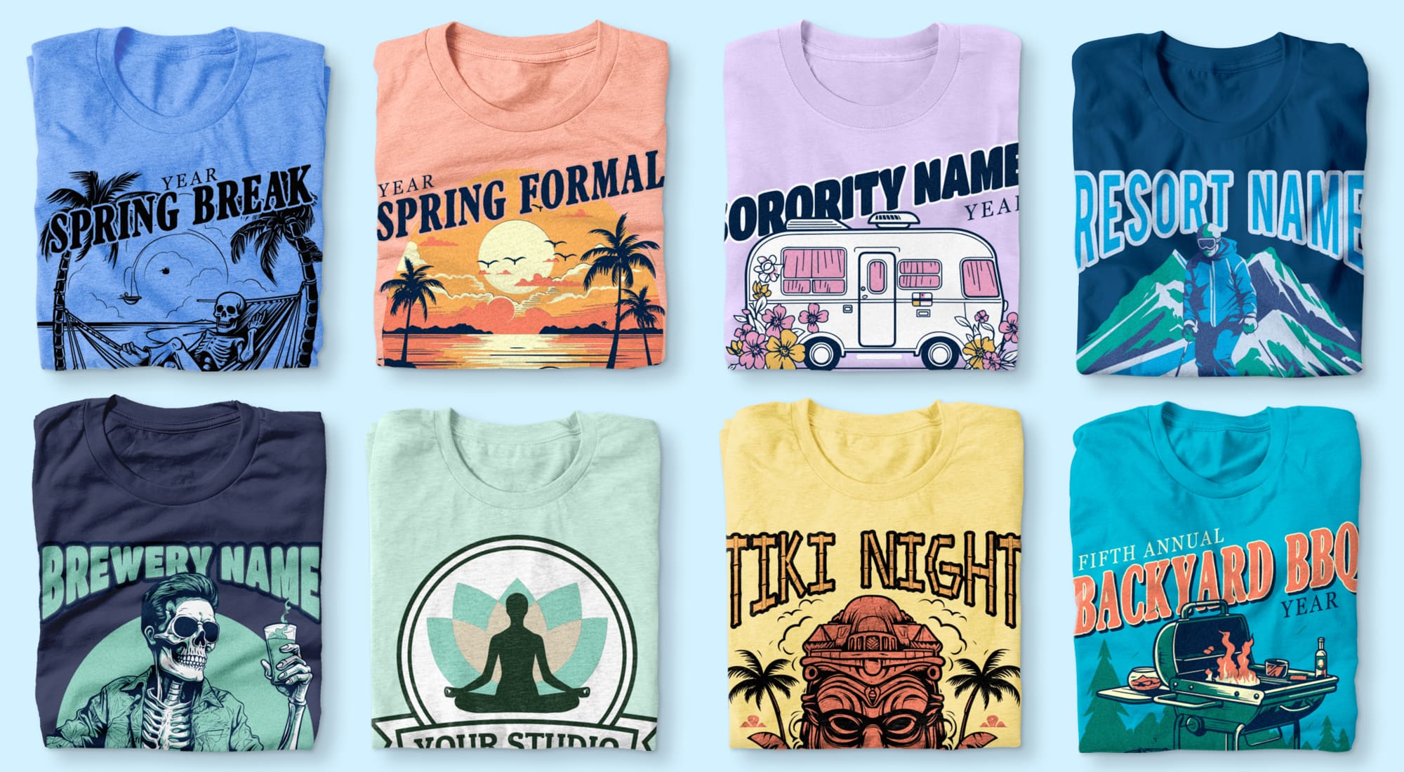 Two rows of folded shirts that feature a variety of templates that can be customized.