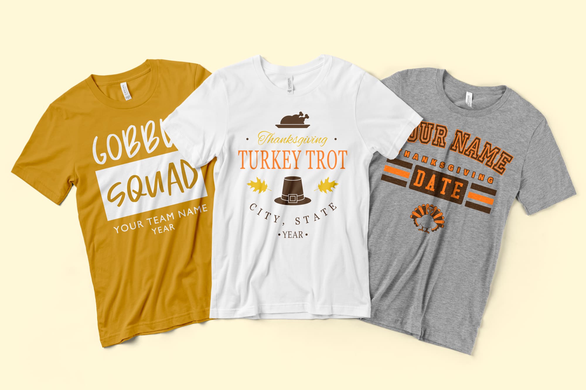 Image of three shirts, each with a customizable thanksgiving event design.