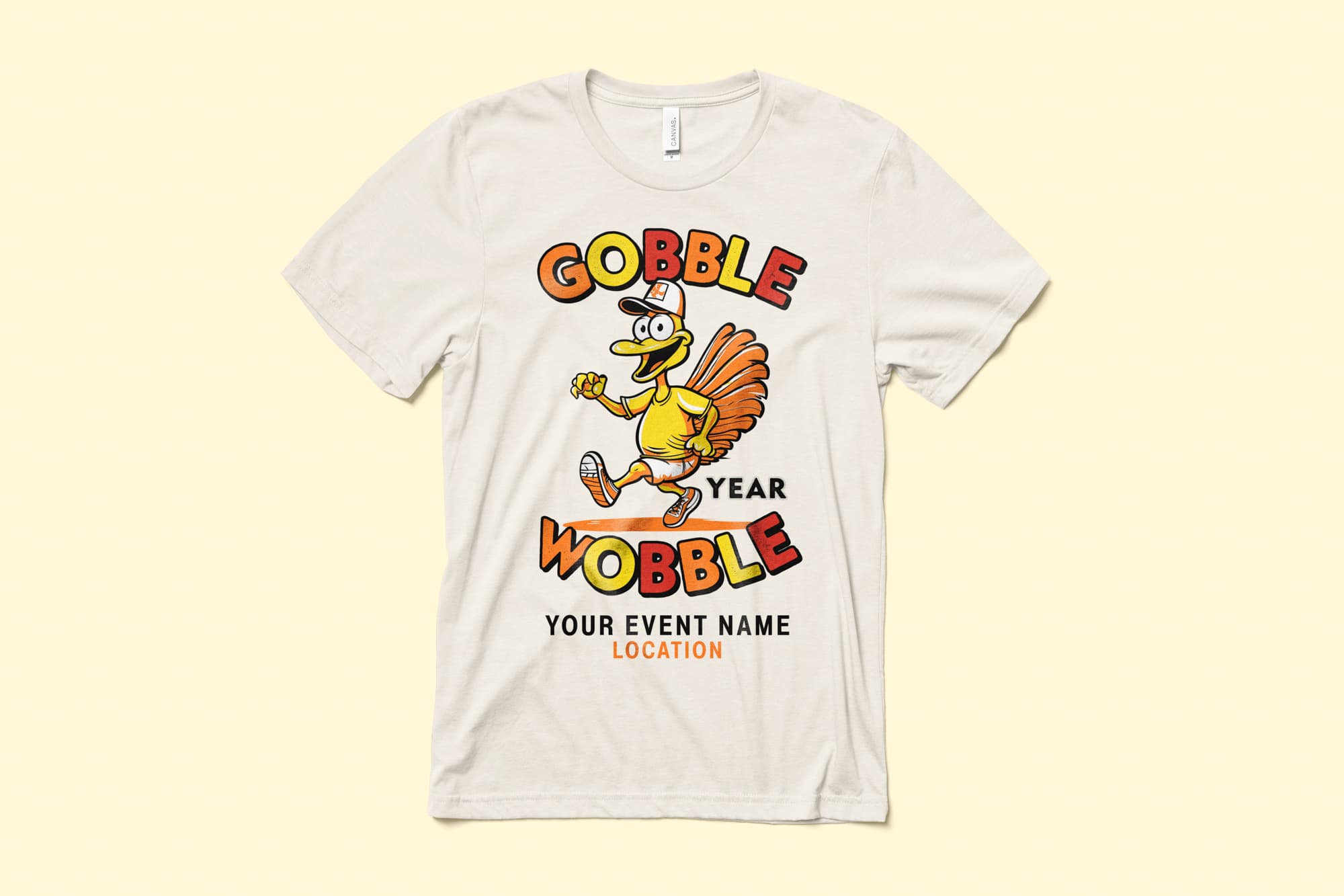 Image of a shirt with a customizable gobble wobble event design.
