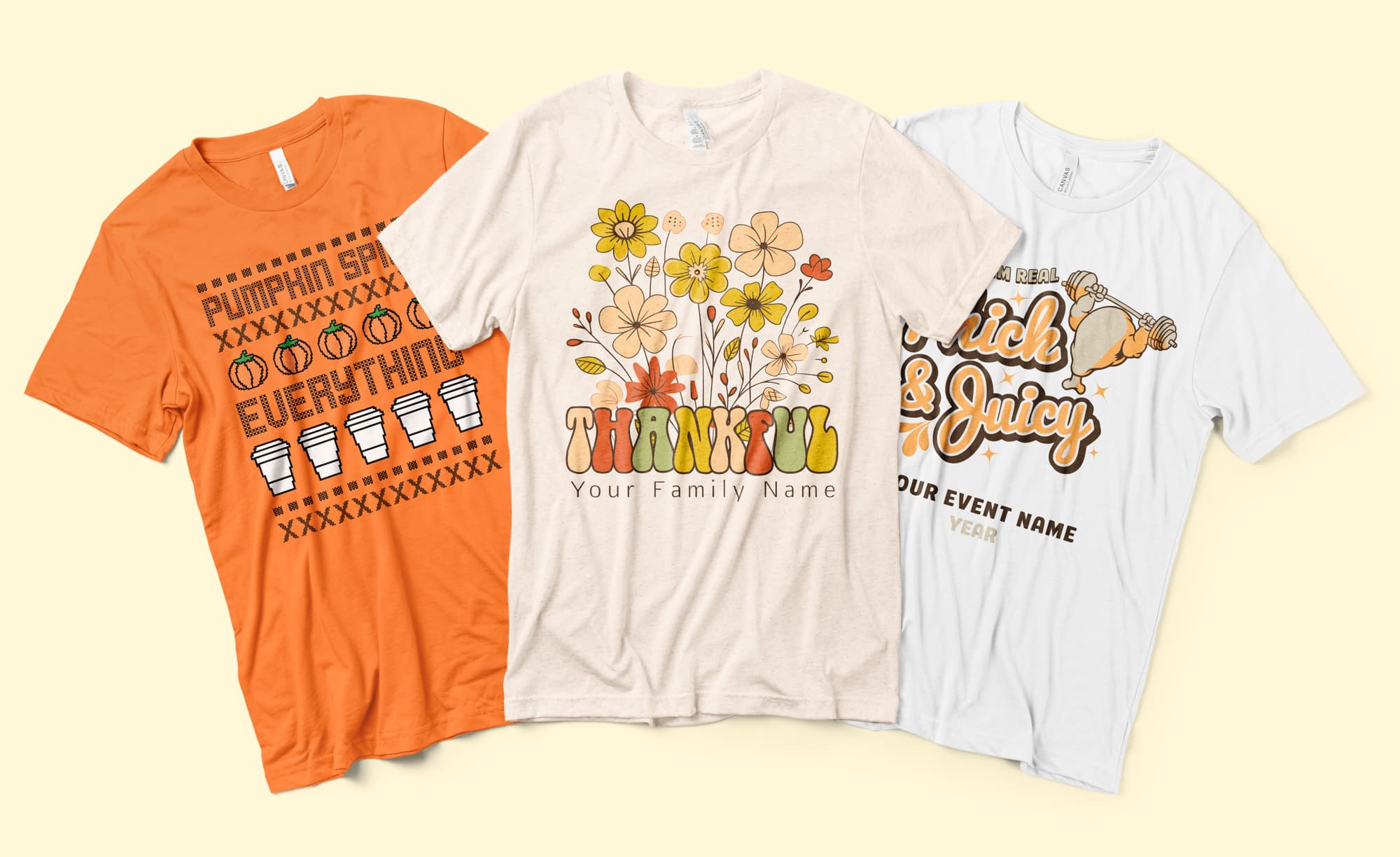 Image of three more examples of customizable thanksgiving themed designs.