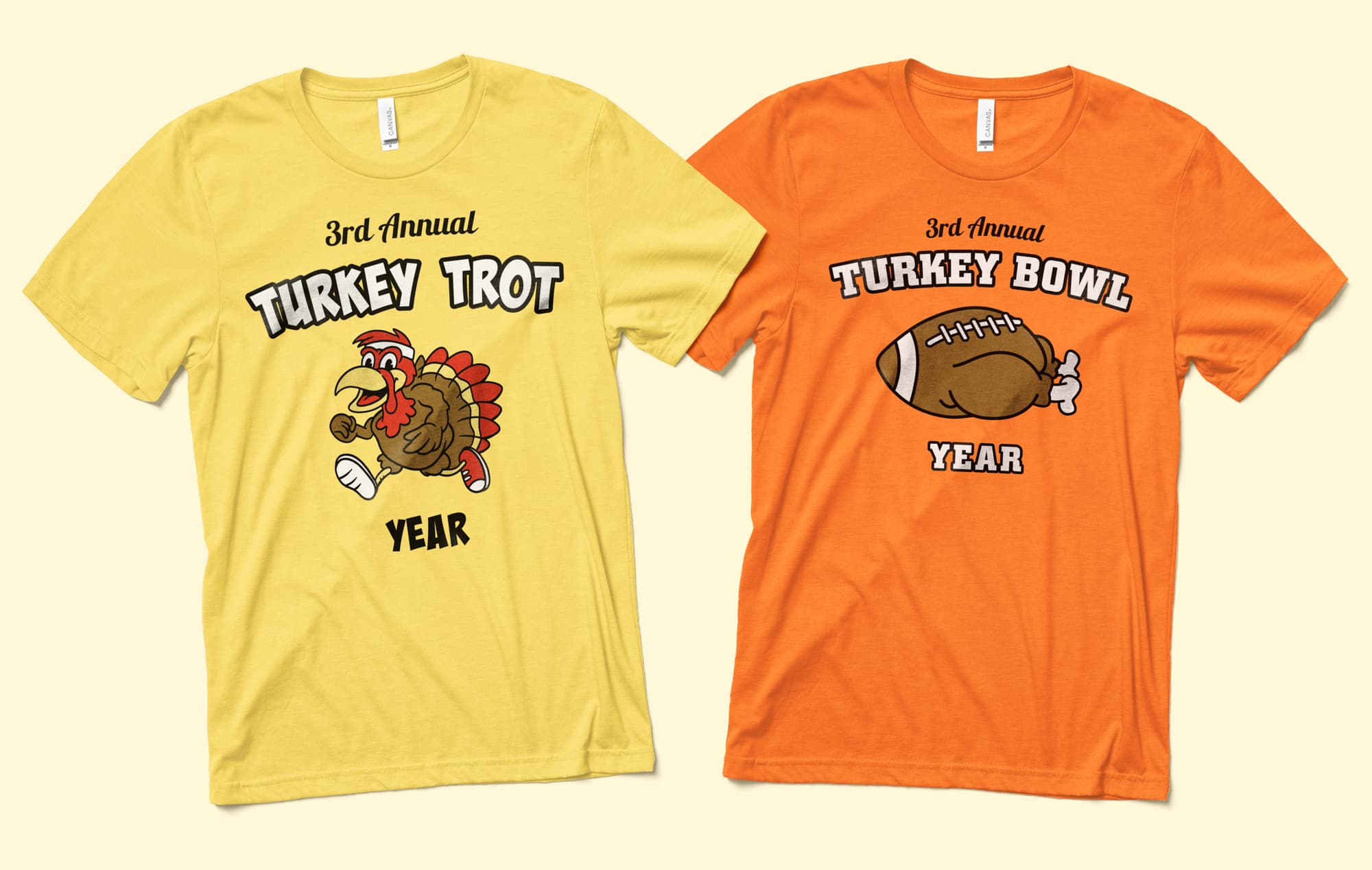 Image of two t-shirts. One shirt is of a customizable turkey trot design, the other shirt is of a customizable turkey bowl design.
