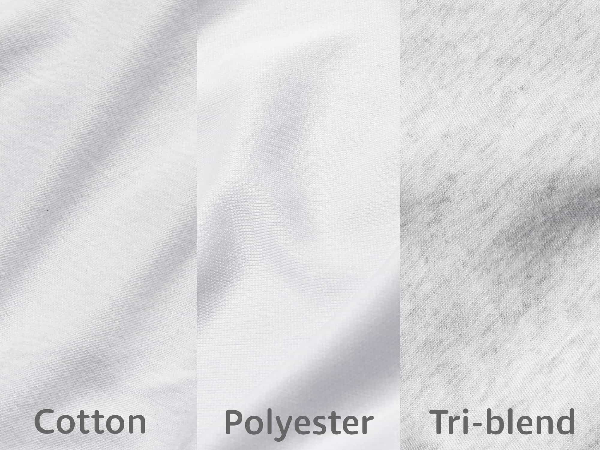 Three image comparison of close-ups of cotton, polyester and tri-blend fabrics