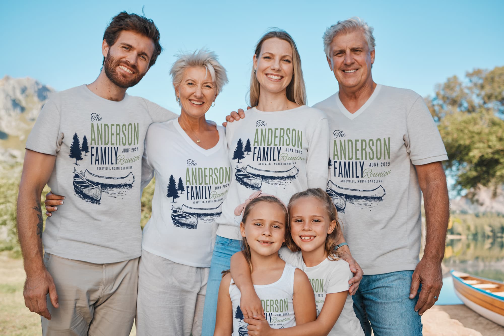 Image of a family wearing different style shirts, but all have matching family reunion designs on them