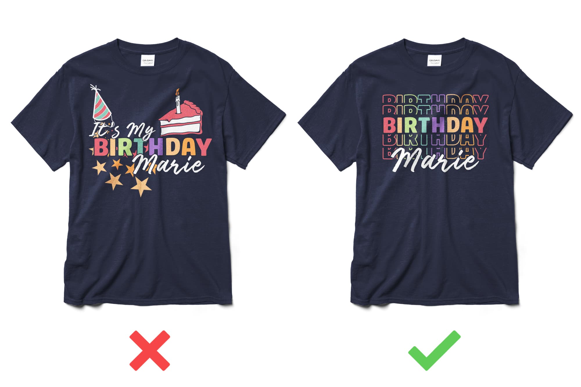 Image of two shirts that show an example of simple design vs a cluttered design