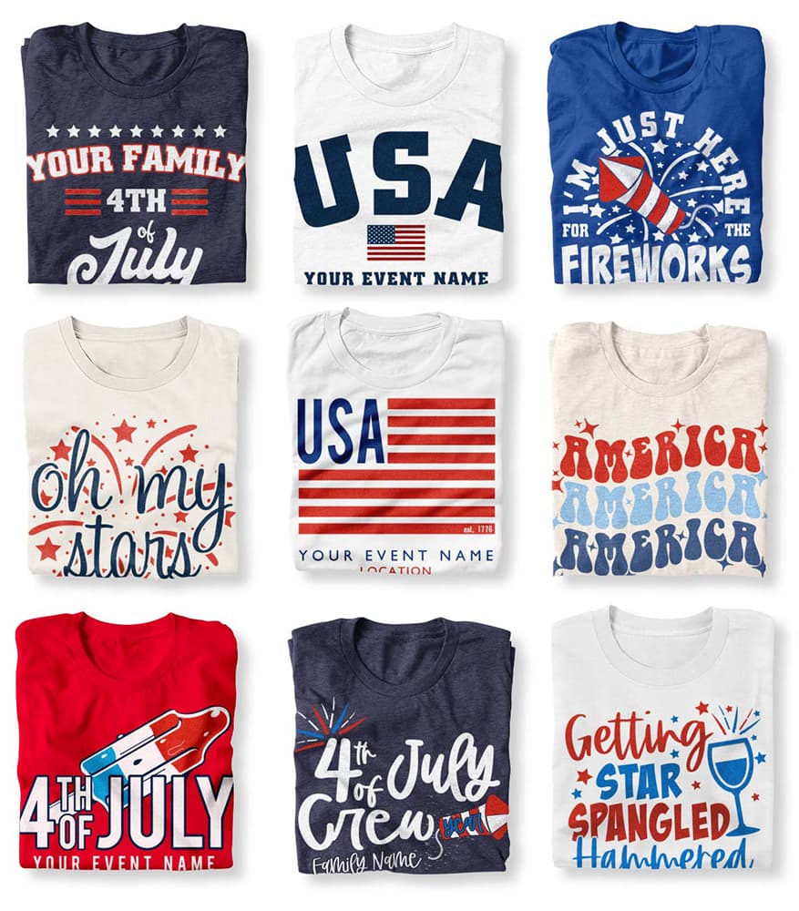 Image of 9 folded shirts, each showing a different customizable 4th of July shirt design.