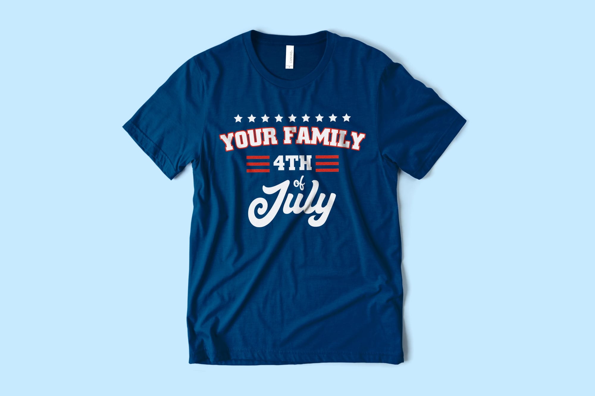 A flatlay image of a t-shirt with a customizable family 4th of July shirt design.