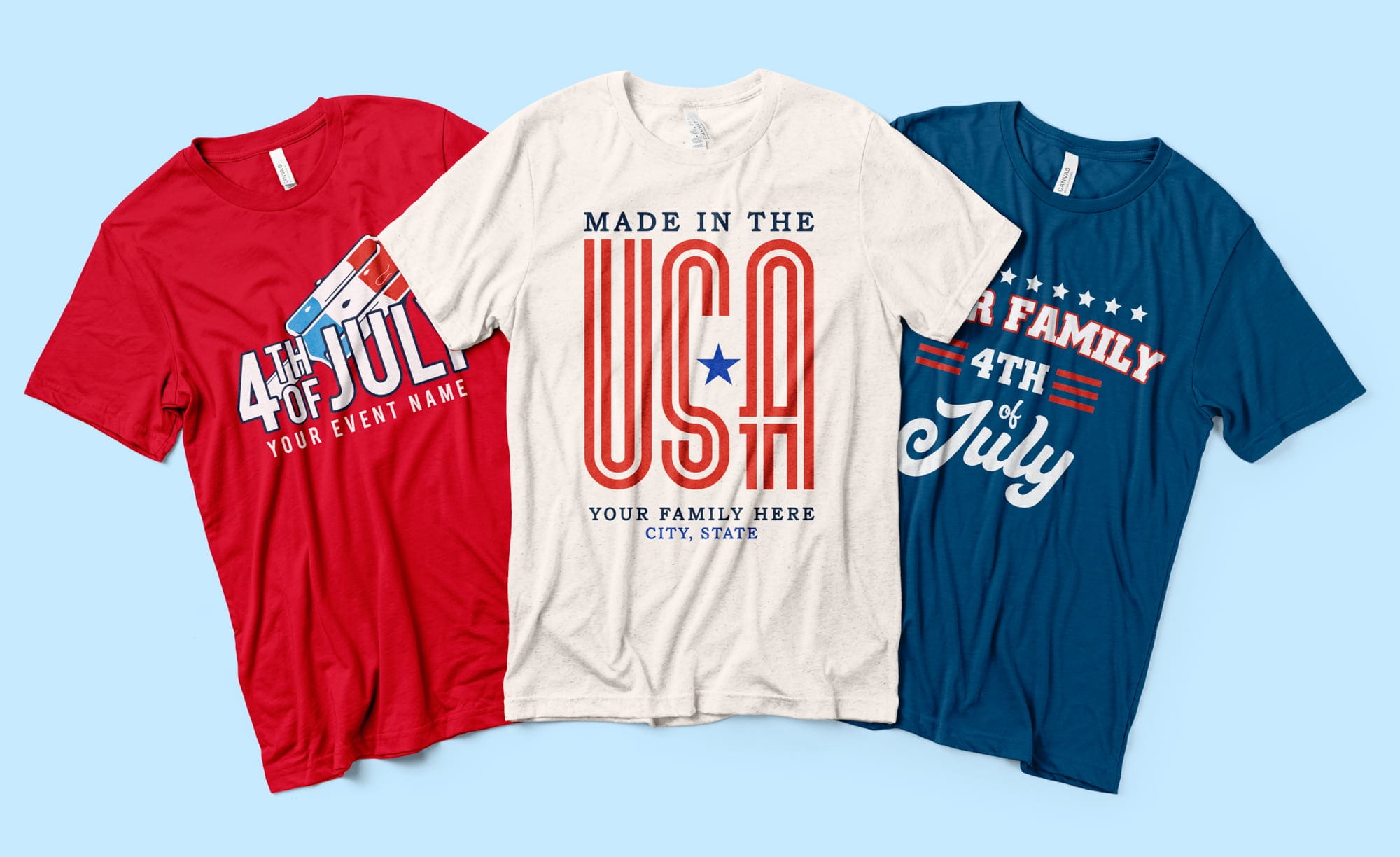 Flatlay image of three t-shirts with 4th of July customizable designs on them.