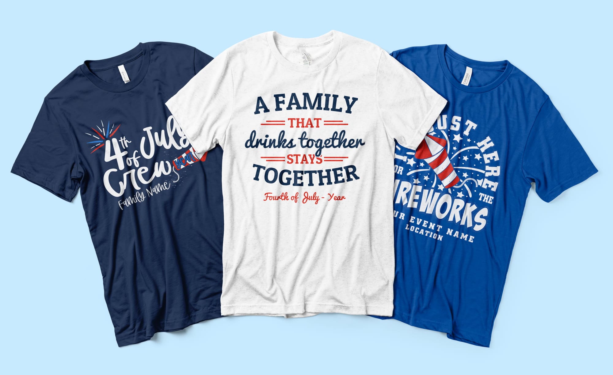 Flatlay image of three 4th of July customizable shirt designs.