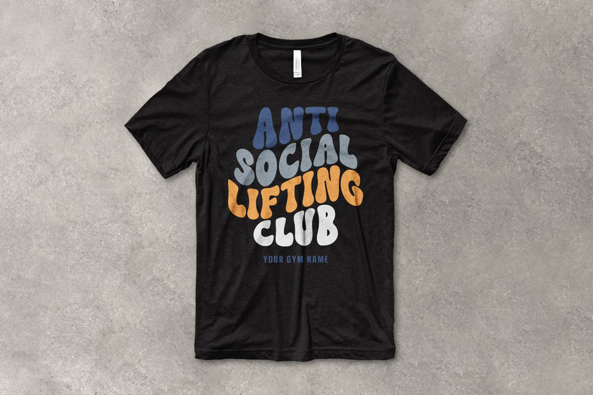 shirt flatlay showing a t-shirt with a customizable wavy text design that says "anti social lifting club. your gym name."