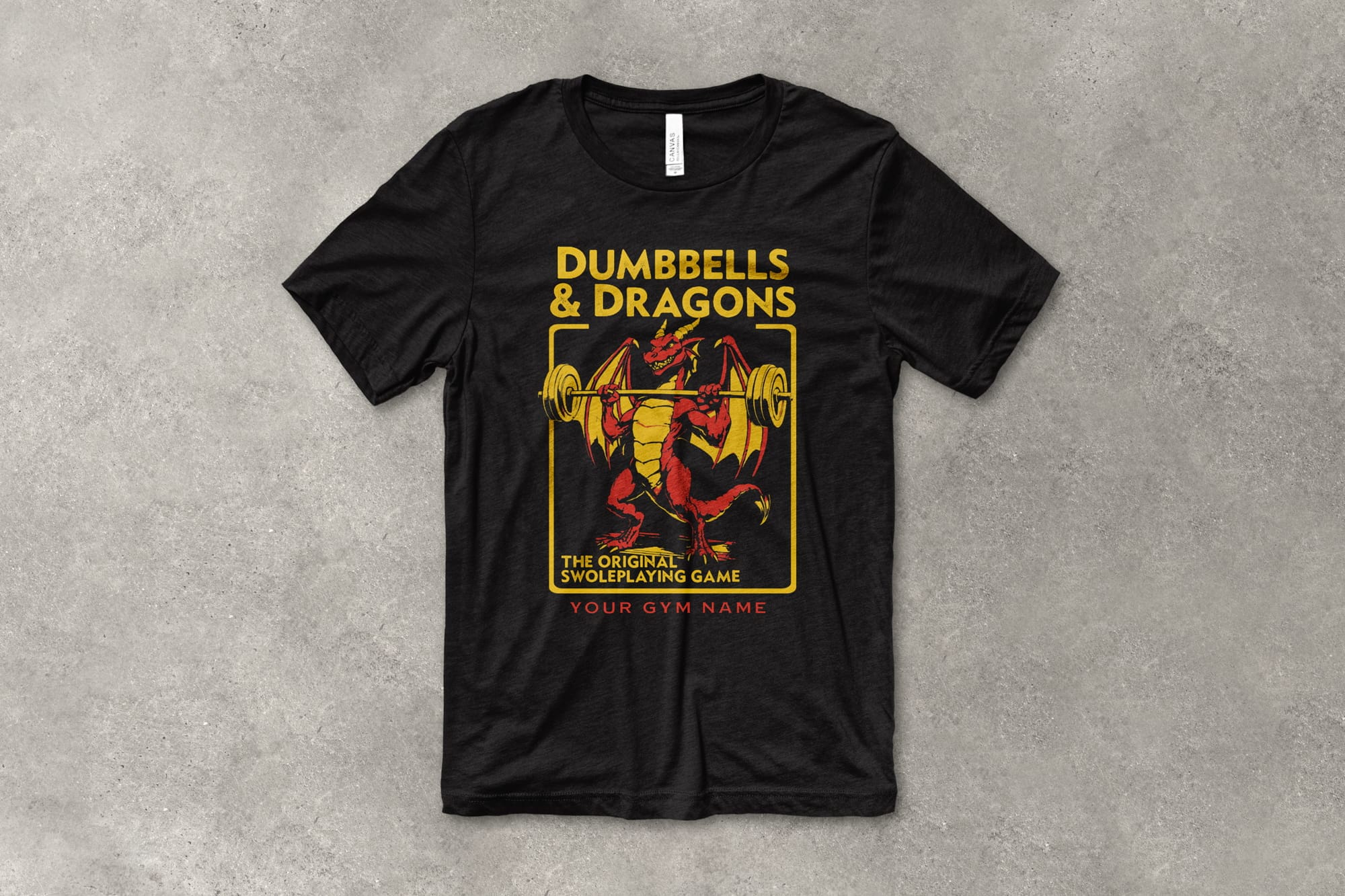 shirt flatlay showing a t-shirt with a customizable dungeons and dragons inspired design that says "dumbbells and dragons. the original swole playing game. your gym name."