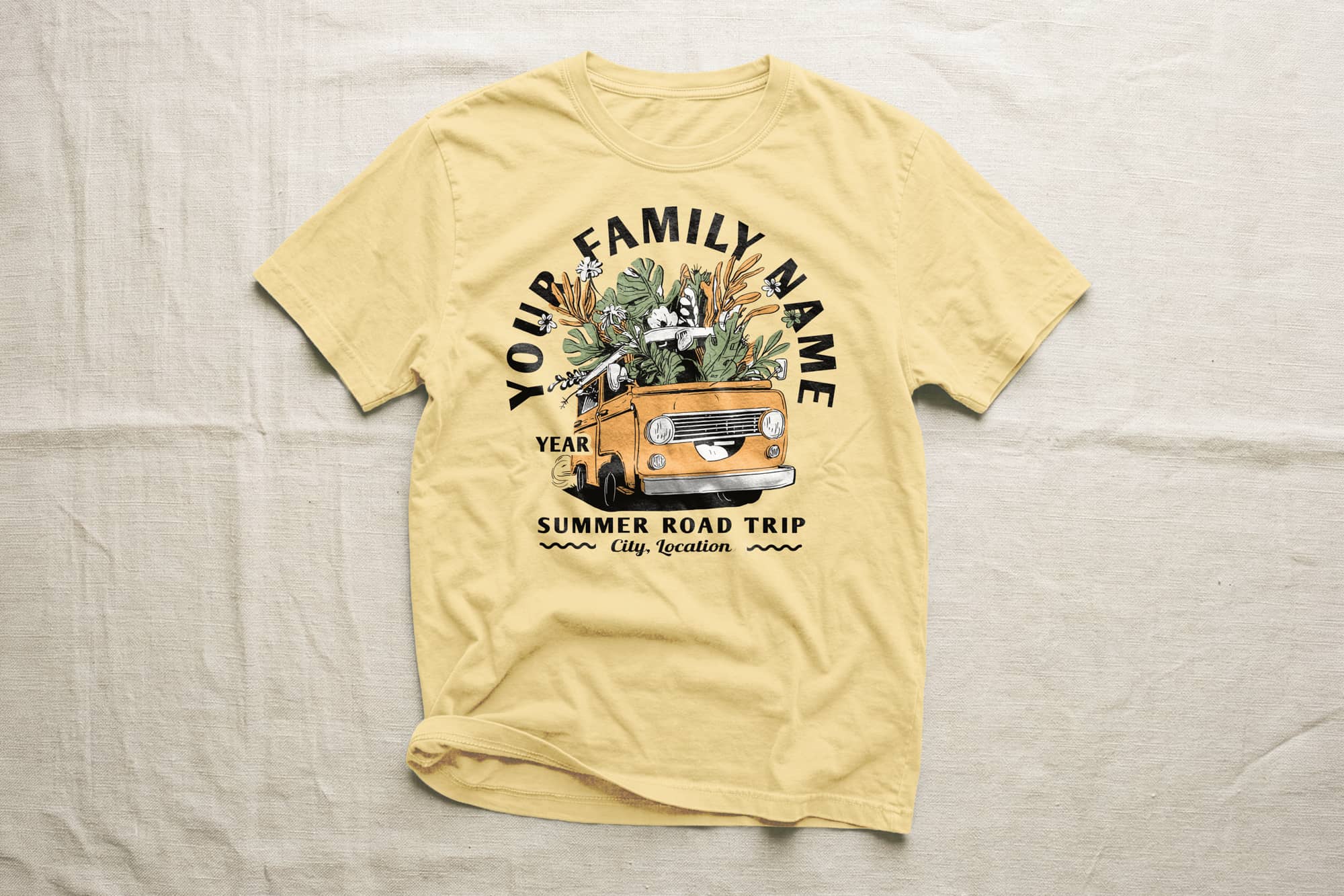 Yellow t-shirt with an illustrated orange van filled with flowers. Text around van reads: "YOUR FAMILY NAME, YEAR, SUMMER ROAD TRIP, City, Location." Casual, cheerful tone.