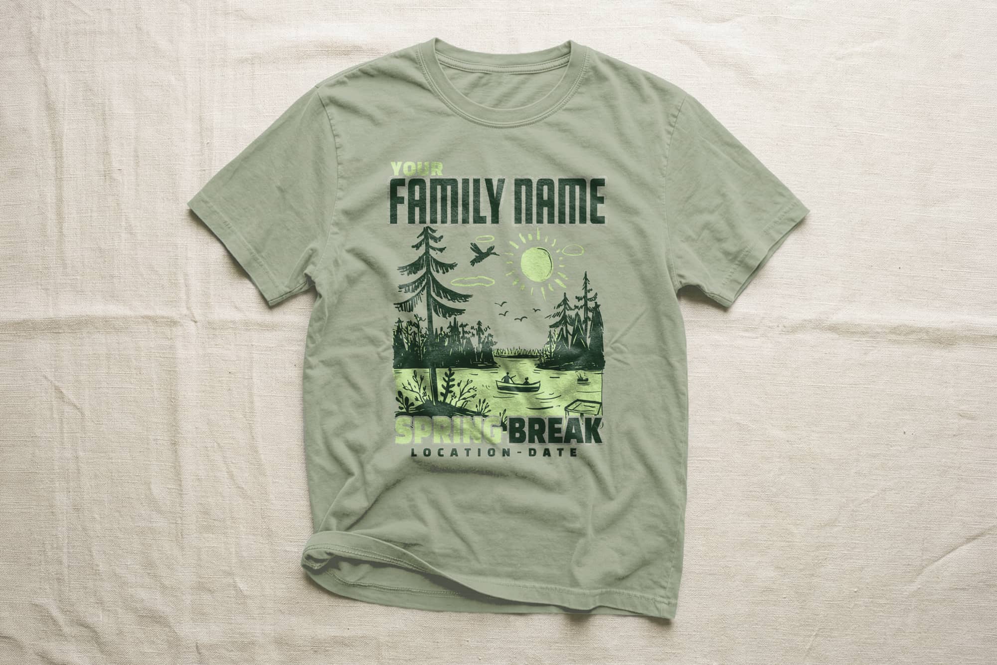 Olive green T-shirt featuring a nature scene with trees, birds, a sun, and a lake. Text includes placeholders for "Family Name" and "Spring Break."
