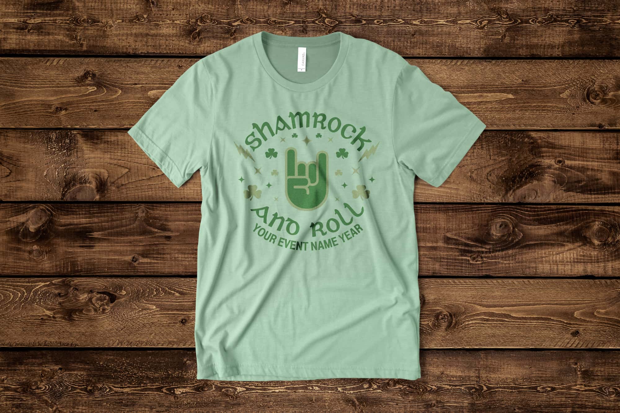 image of a flat green shirt with a customizable st. Patrick day design that says "shamrock and roll"
