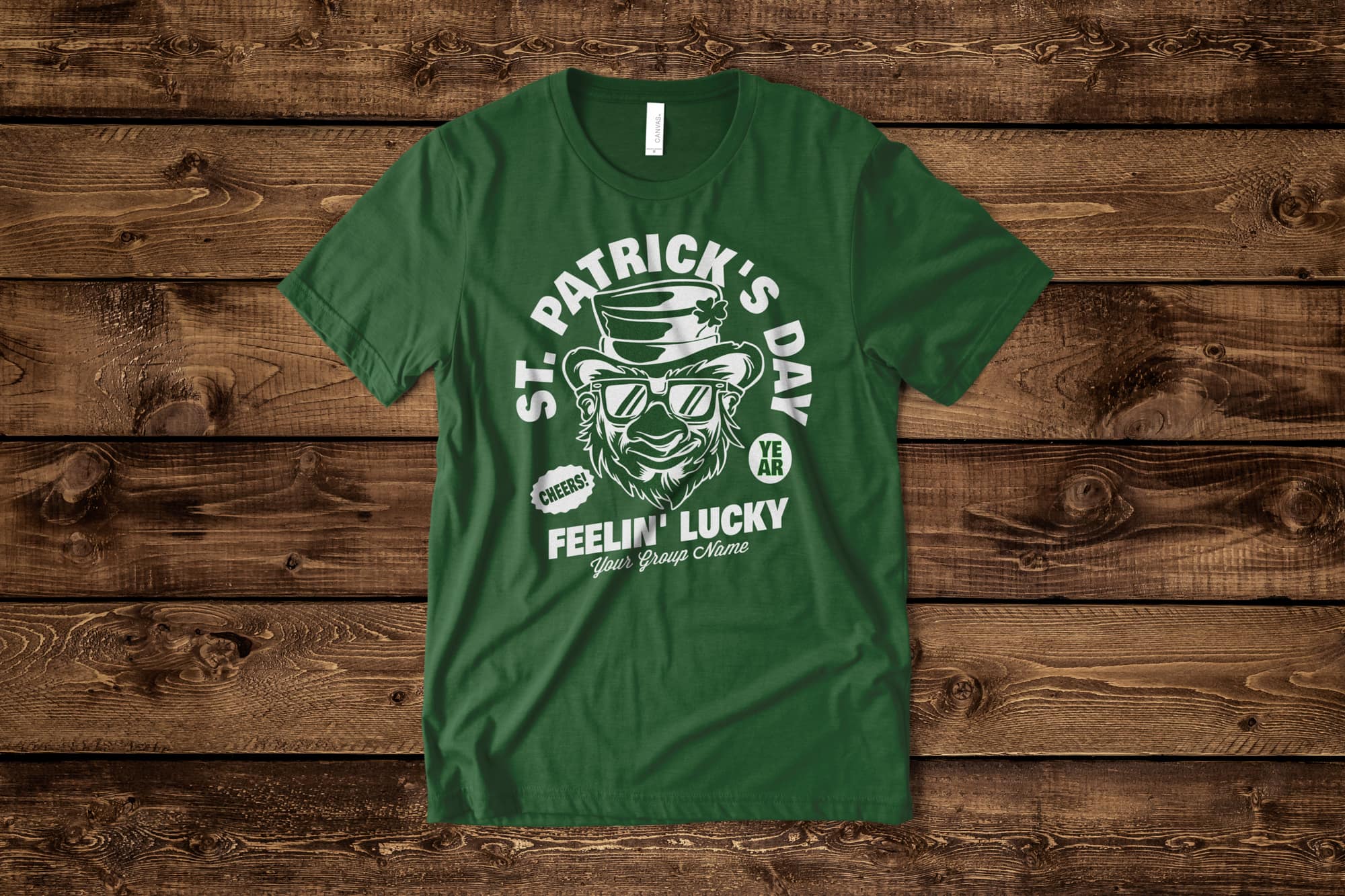 image of a flat green shirt with a customizable st. Patrick day design that shows a leprechaun with the text feelin' lucky below him