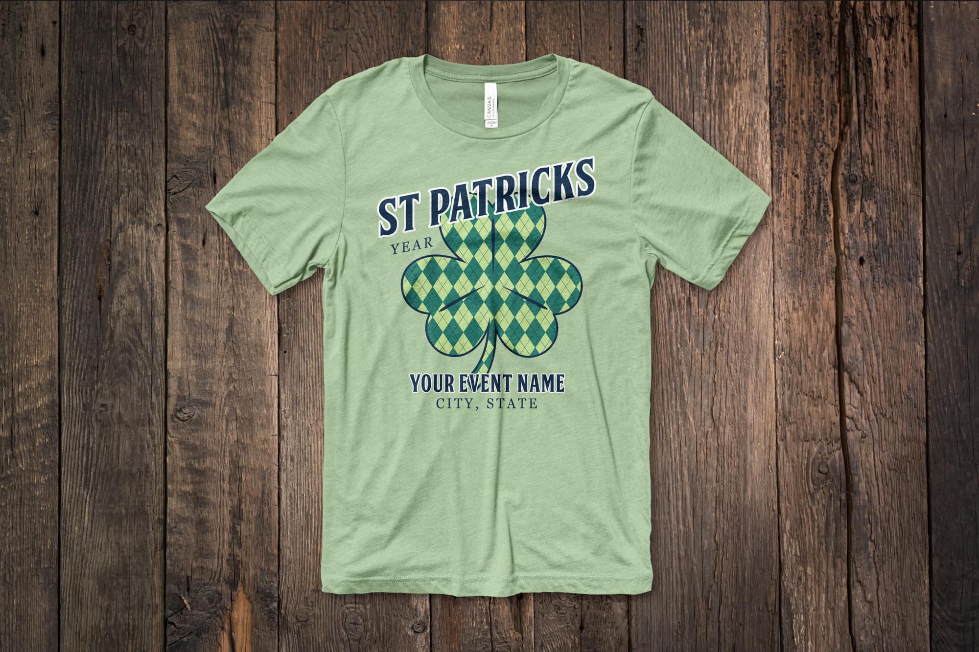 image of a flat green shirt with a customizable st. Patrick day design that shows a checkered shamrock