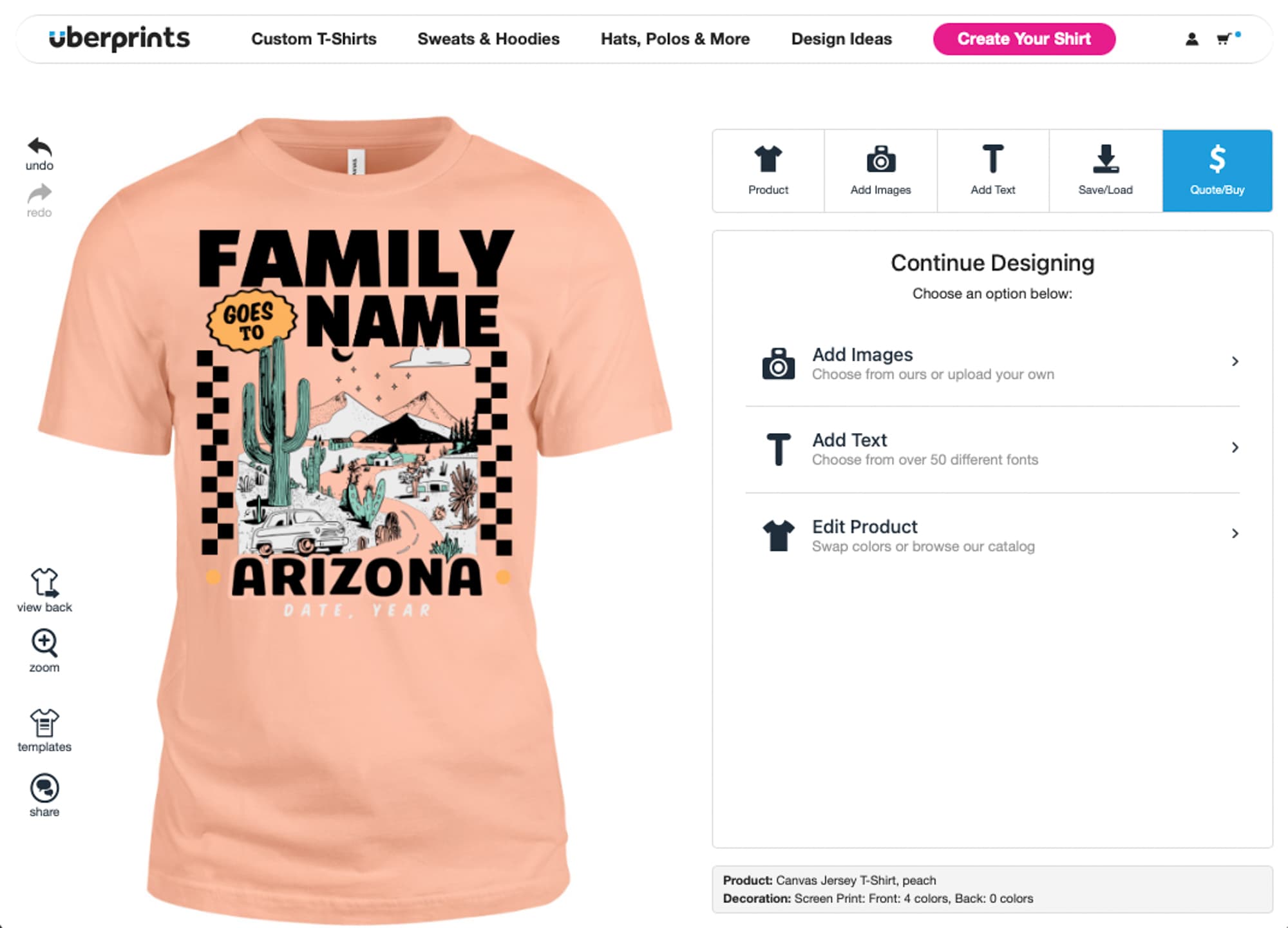 Peach t-shirt design with "Family Name Goes to Arizona" text, cacti, mountains, and desert scenes. Vibrant travel theme with playful, adventurous tone.