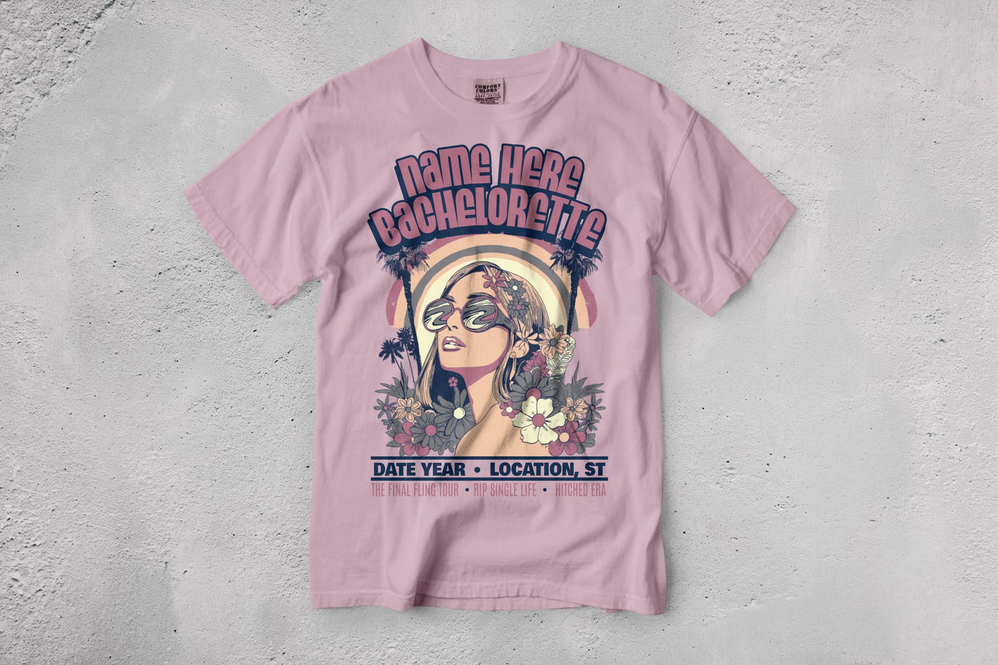 Pink T-shirt with a retro bachelorette design featuring a stylish woman wearing sunglasses and surrounded by tropical flowers and palm trees.