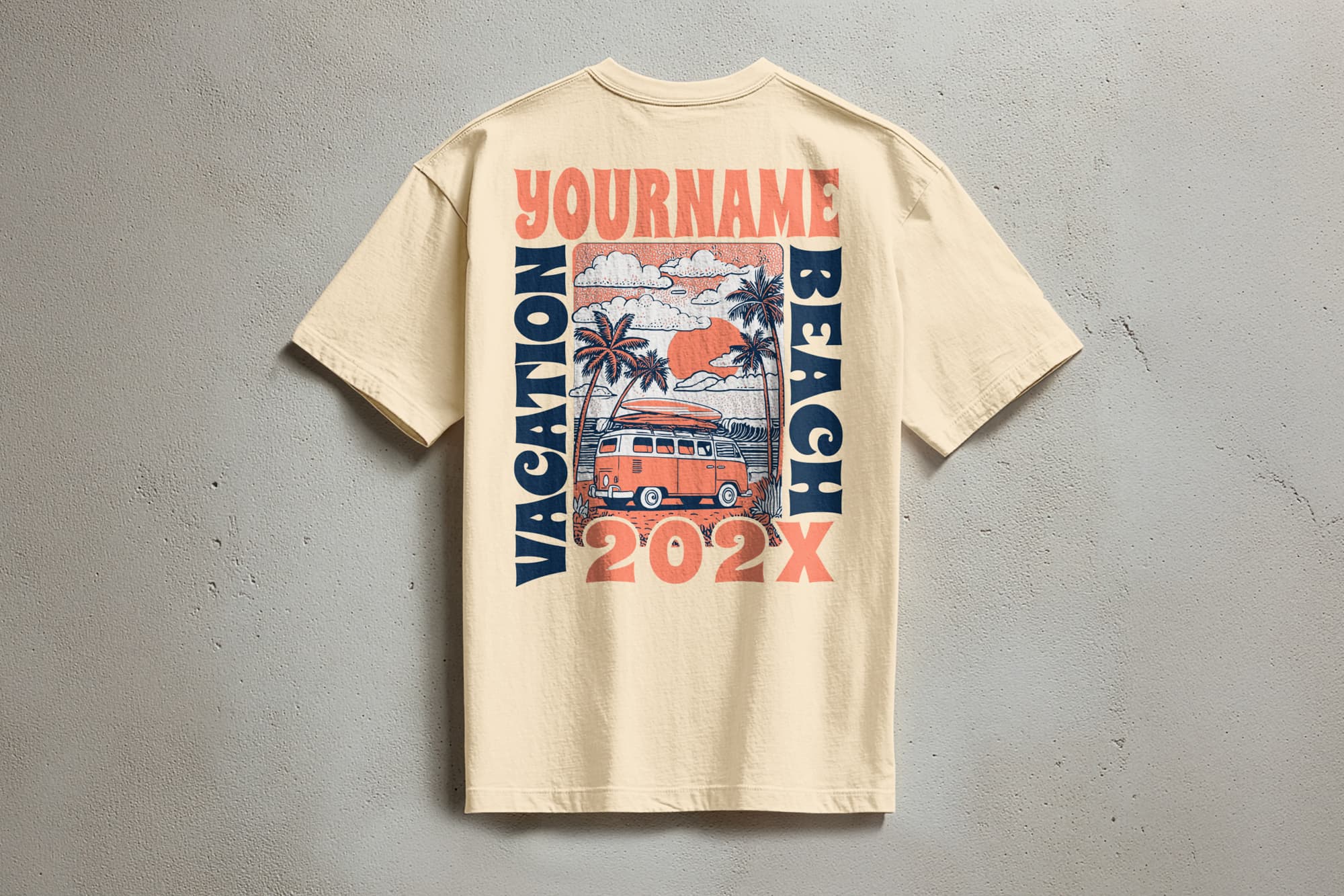 A beige T-shirt features a vibrant design on the back with a vintage van under palm trees against a sunset. Text reads "Your Name Beach Vacation 202X."