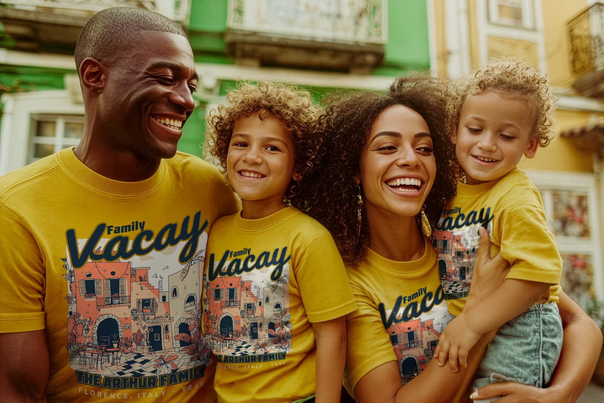 A joyful family in matching yellow shirts with "Family Vacay" print smiles together outdoors, conveying warmth and happiness. Colorful buildings are in the background.