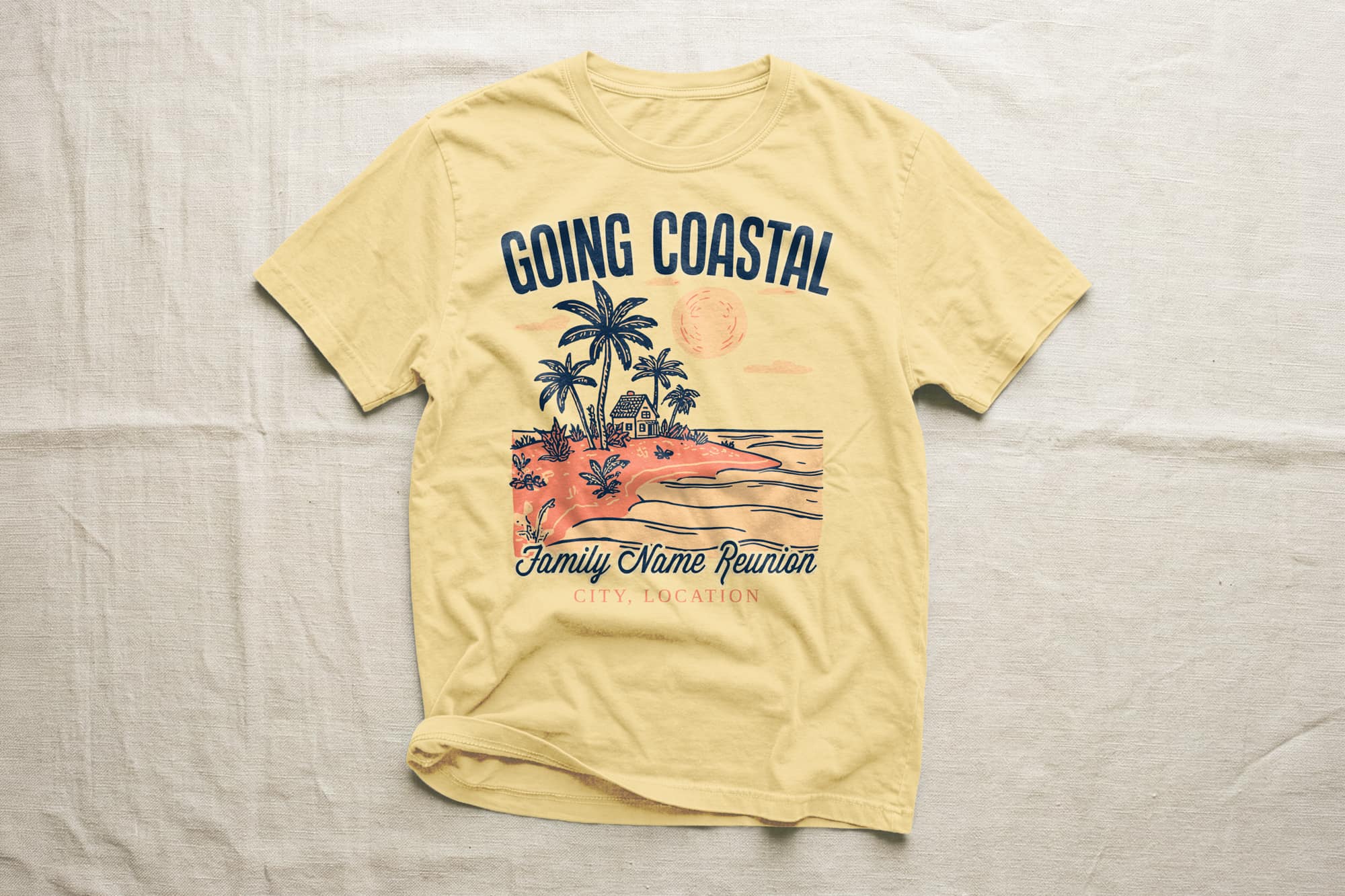 A yellow T-shirt with a beach scene illustration and text that reads, "GOING COASTAL Family Name Reunion City, Location.