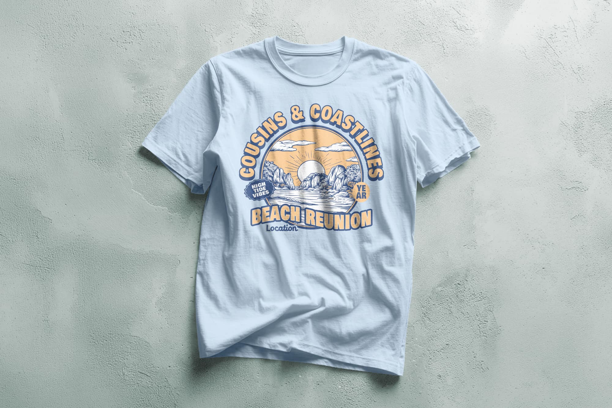 Light blue t-shirt with a beach reunion graphic showing a sunset, waves, palm trees, and the text “Cousins & Coastlines Beach Reunion” along with placeholders for year and location.