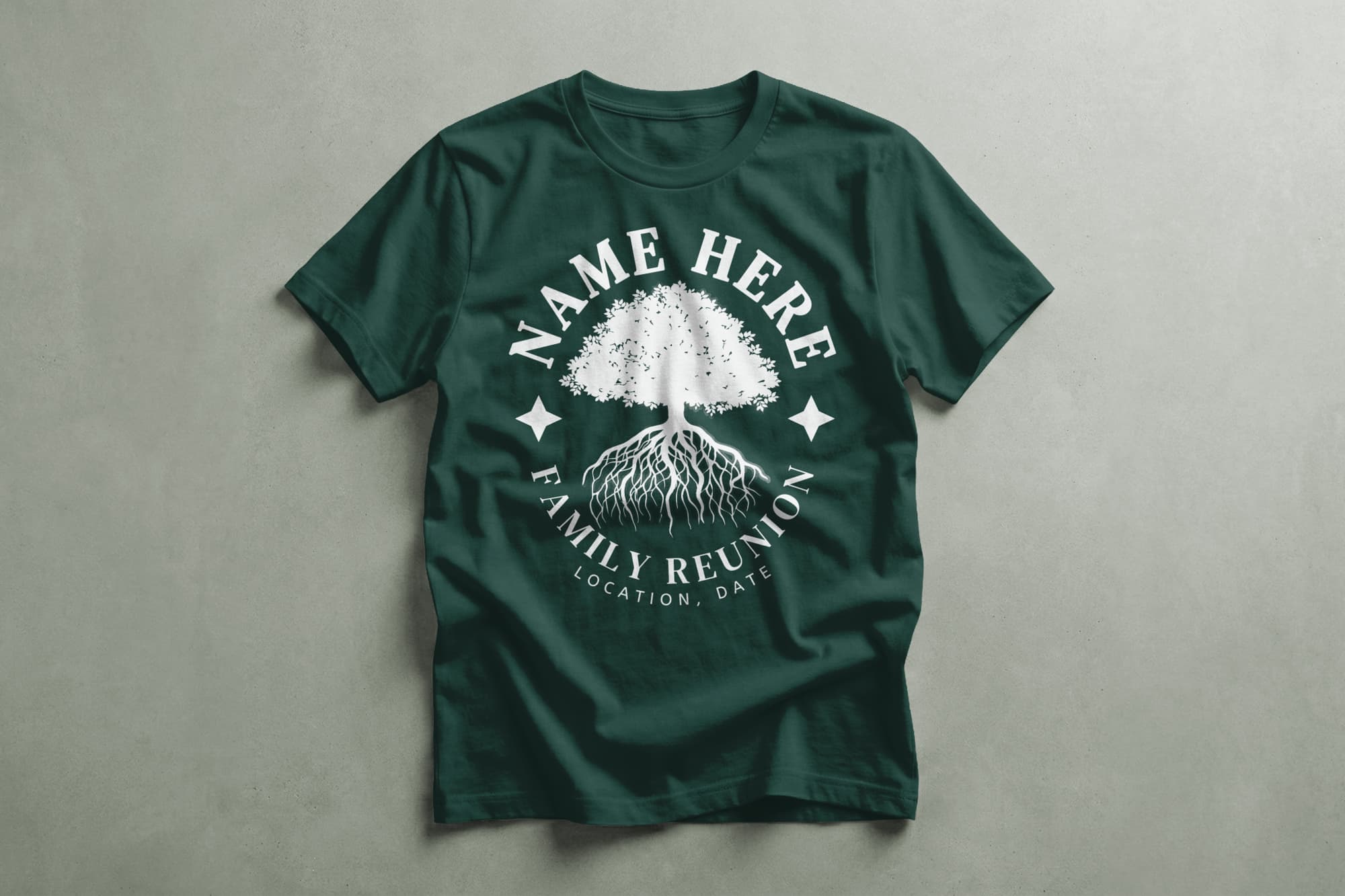 Green t-shirt with a white tree graphic and roots, featuring customizable text for a family reunion, including placeholders for name, location, and date.