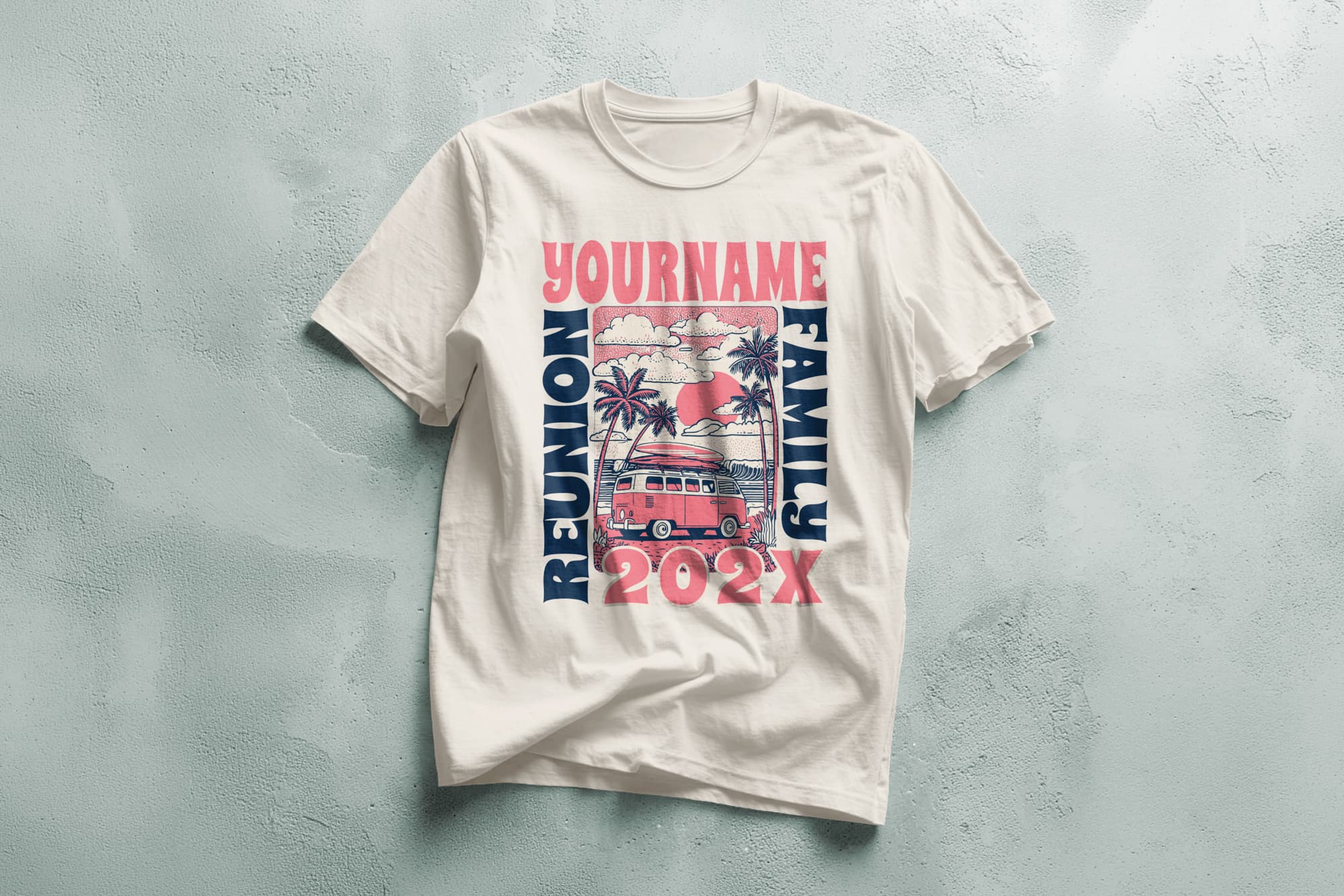White t-shirt with pink and blue graphics showing a retro van, palm trees, and text “YOURNAME FAMILY REUNION 202X,” evoking a nostalgic, summery vibe.
