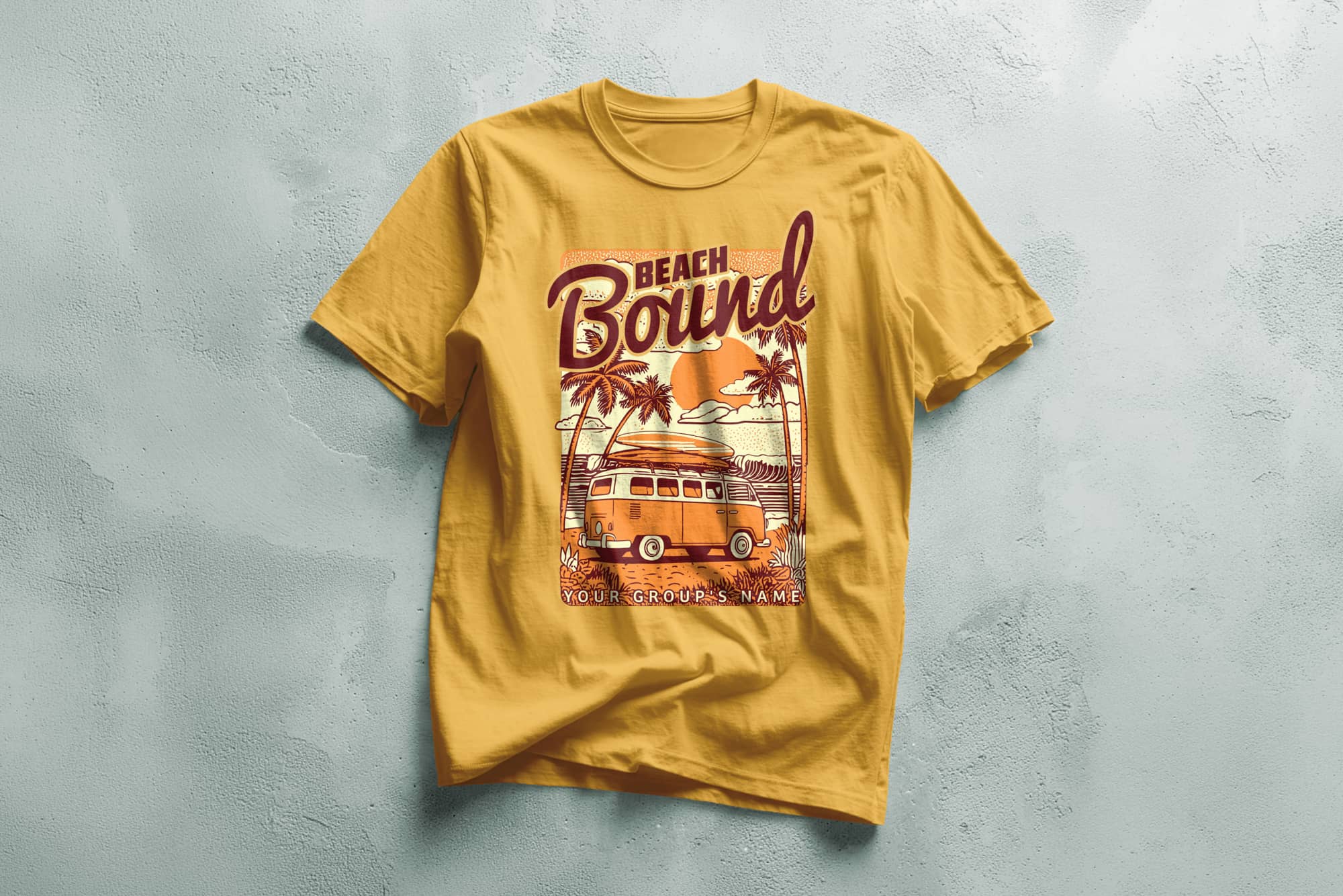 Yellow T-shirt with a retro design featuring a van, palm trees, and an orange sunset. The text reads "Beach Bound," evoking a relaxed, vacation vibe.