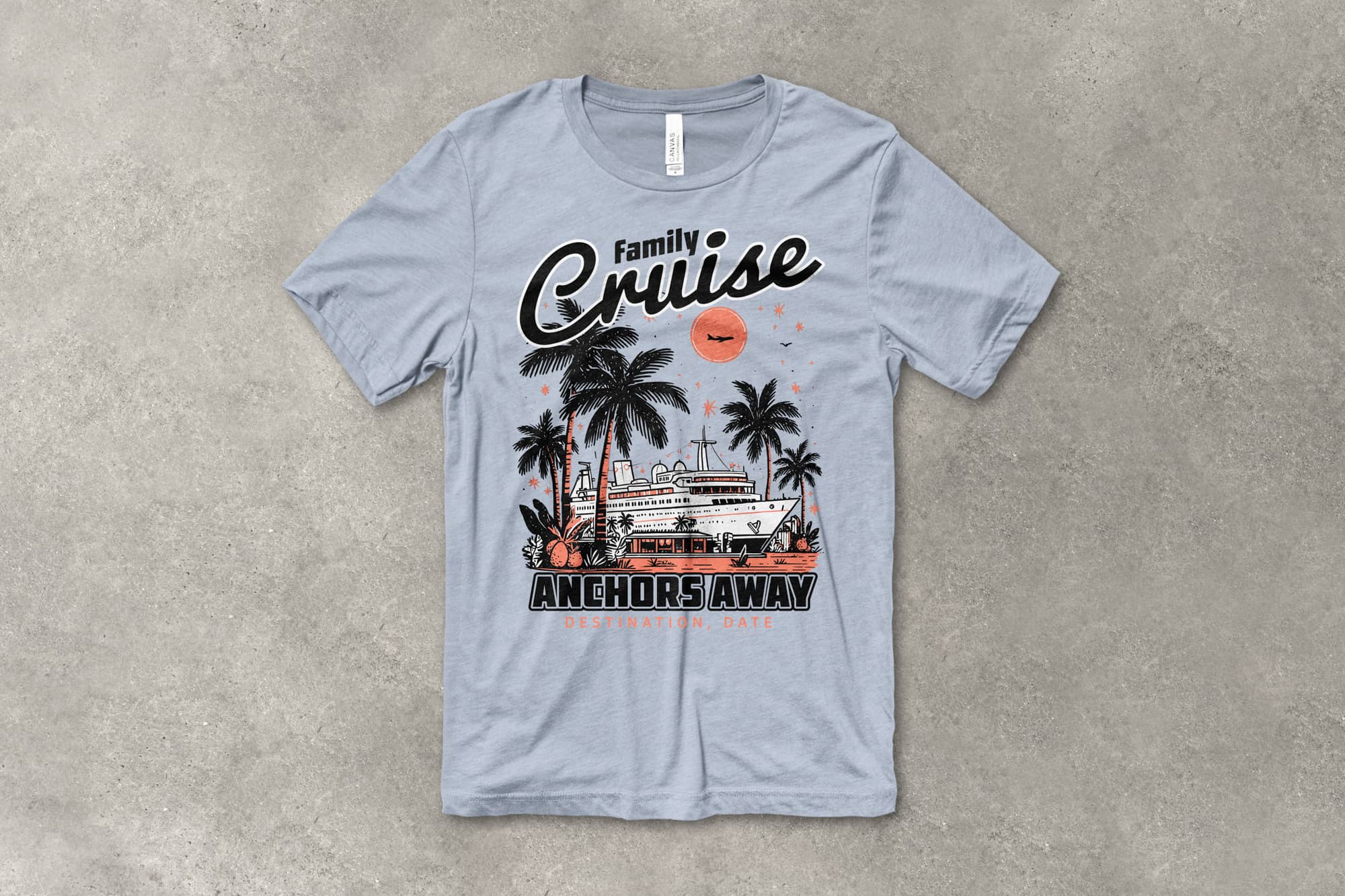 Light gray T-shirt with "Family Cruise" text, palm trees, and a cruise ship graphic. Below, "Anchors Away" is written. The tone is tropical and fun.