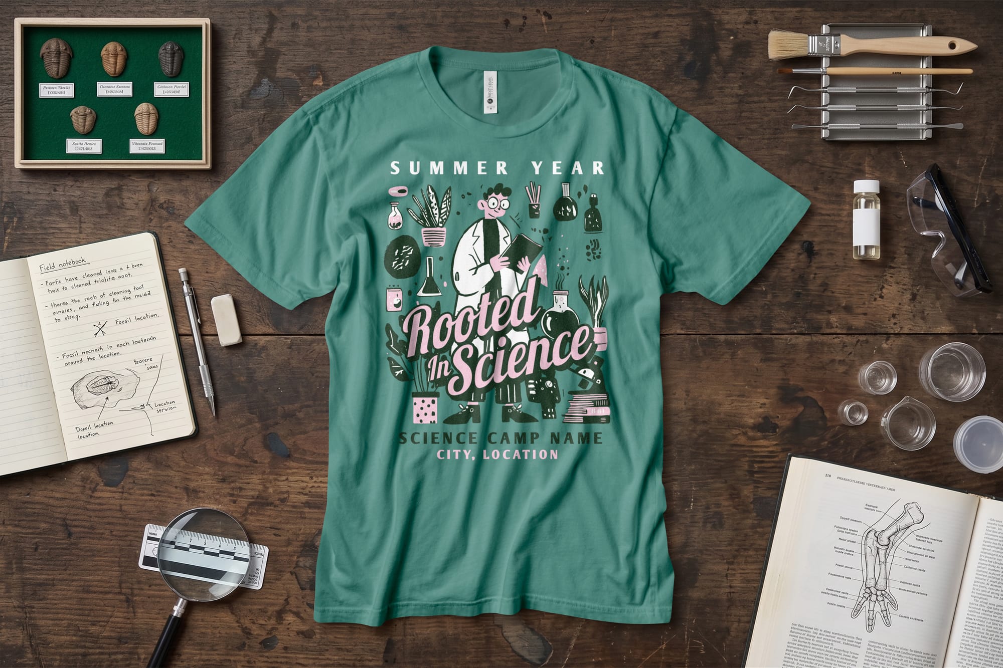A teal T-shirt with the text "Rooted in Science" featuring scientific illustrations lies on a wooden table surrounded by notebooks, rocks, lab tools, and a magnifying glass. The setting conveys a creative and educational science camp vibe.