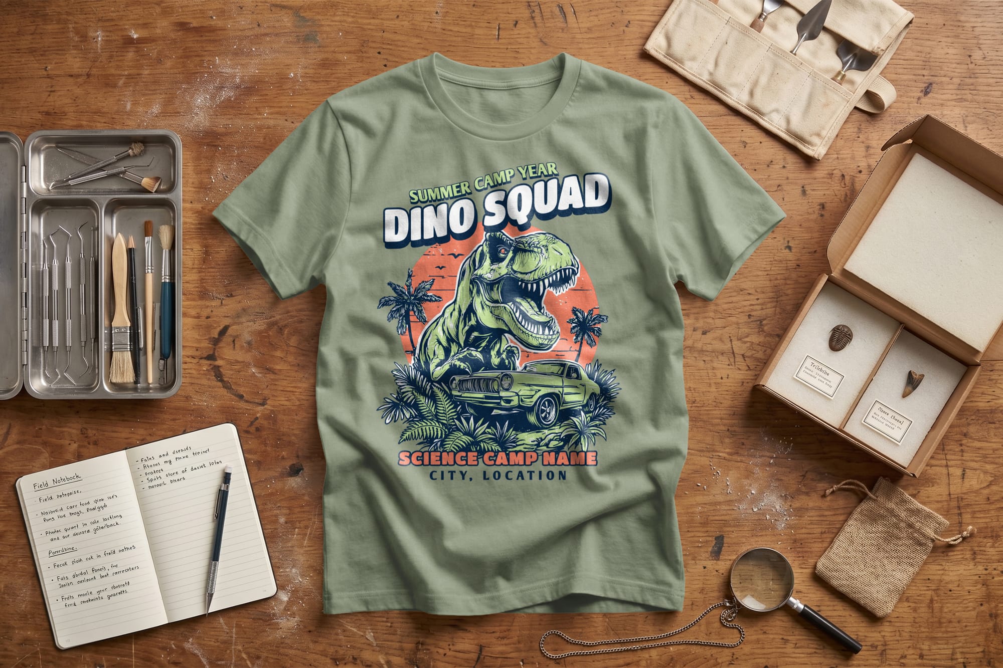Green T-shirt with a graphic of a T-rex titled "Dino Squad" over art supplies and a journal on a wooden table, conveying creativity.