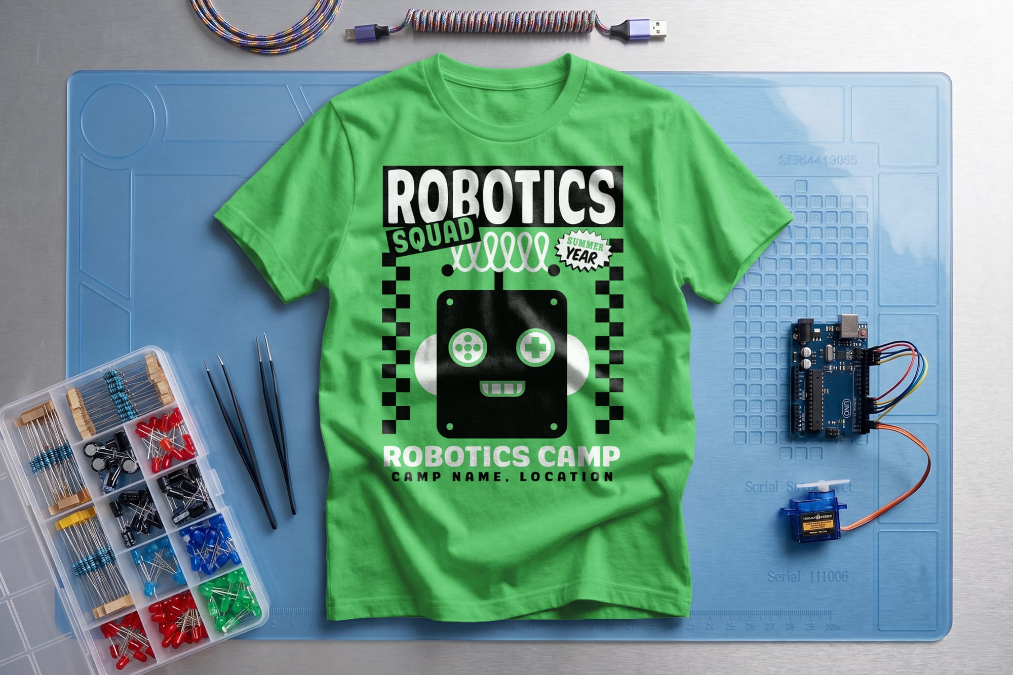 Green "Robotics Squad" T-shirt on a blue mat, surrounded by electronics tools, components, and a circuit board, evoking a tech-savvy theme.