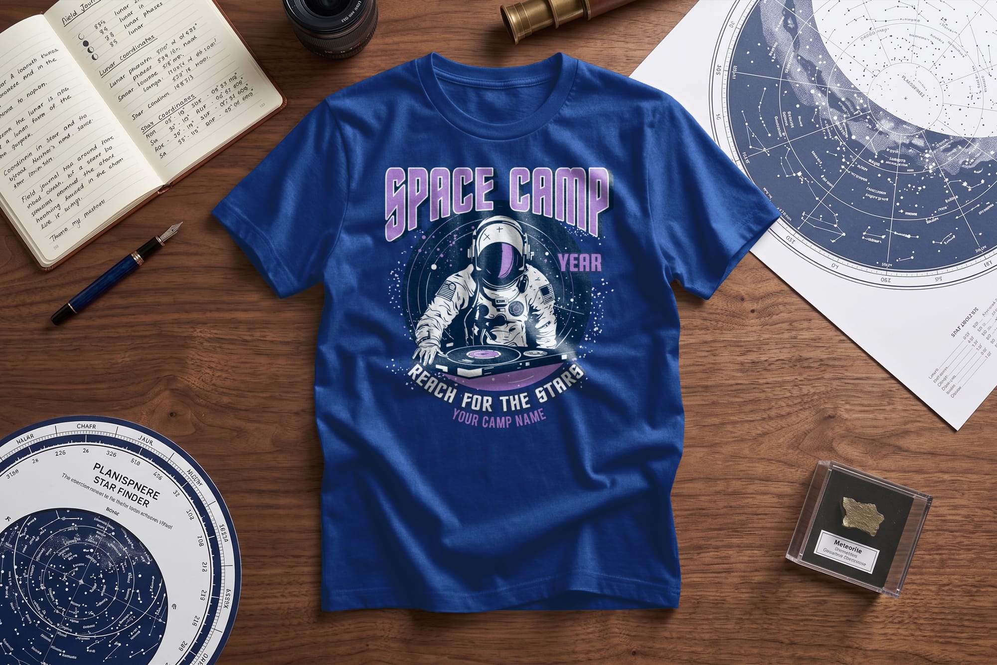 Blue t-shirt with "Space Camp" and astronaut graphic. Surrounding items include an open notebook, pen, telescope, star charts, and a meteorite. Space-themed ambiance.