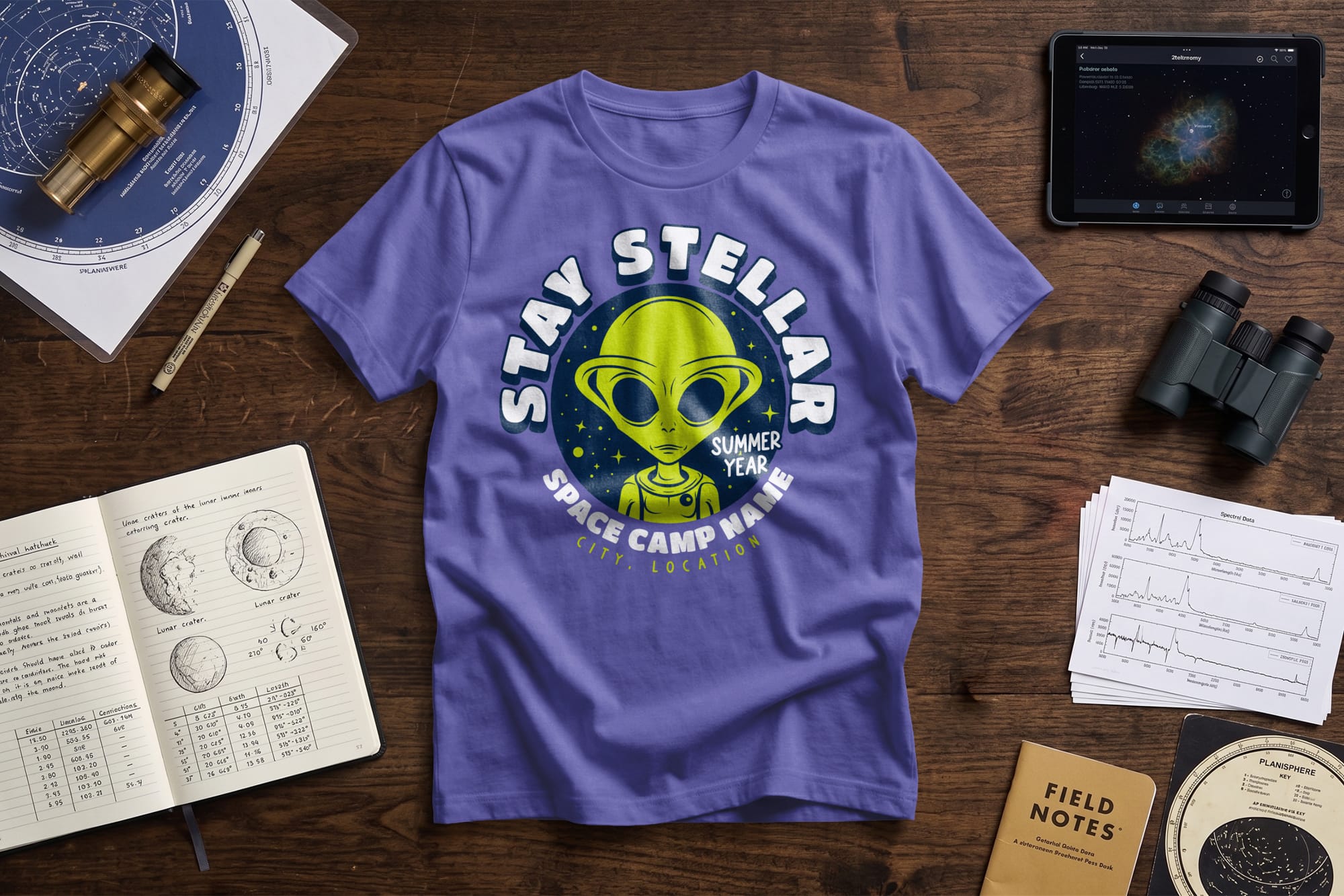 Purple T-shirt with "Stay Stellar" and an alien graphic, surrounded by astronomy materials: telescope, star chart, notebook, tablet, and binoculars.