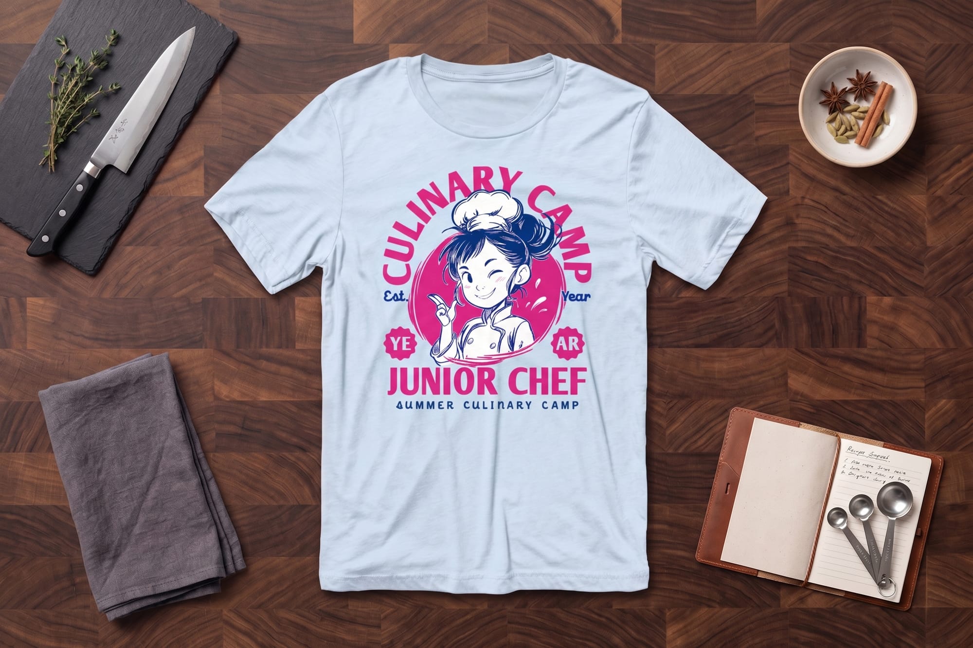 Light blue T-shirt with "Culinary Camp Junior Chef" in pink letters, featuring a cartoon chef. Background: knife, cloth, spices, notebook, measuring spoons. Cozy kitchen vibe.