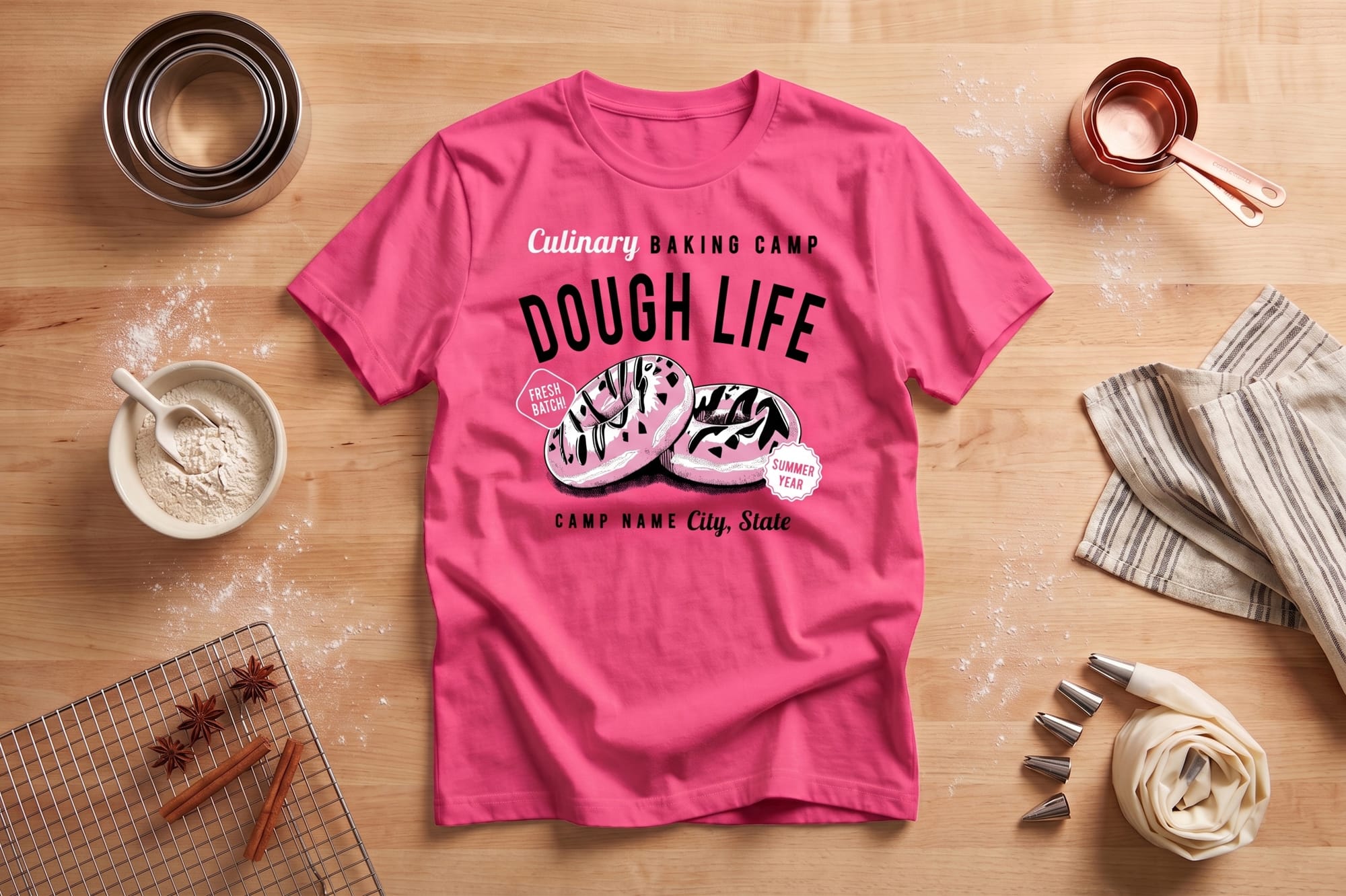 Pink "Dough Life" baking camp T-shirt on a wooden table. Surrounded by baking tools: flour, rolling pin, dish towel, cookie cutters, and cinnamon sticks. Fun culinary theme.