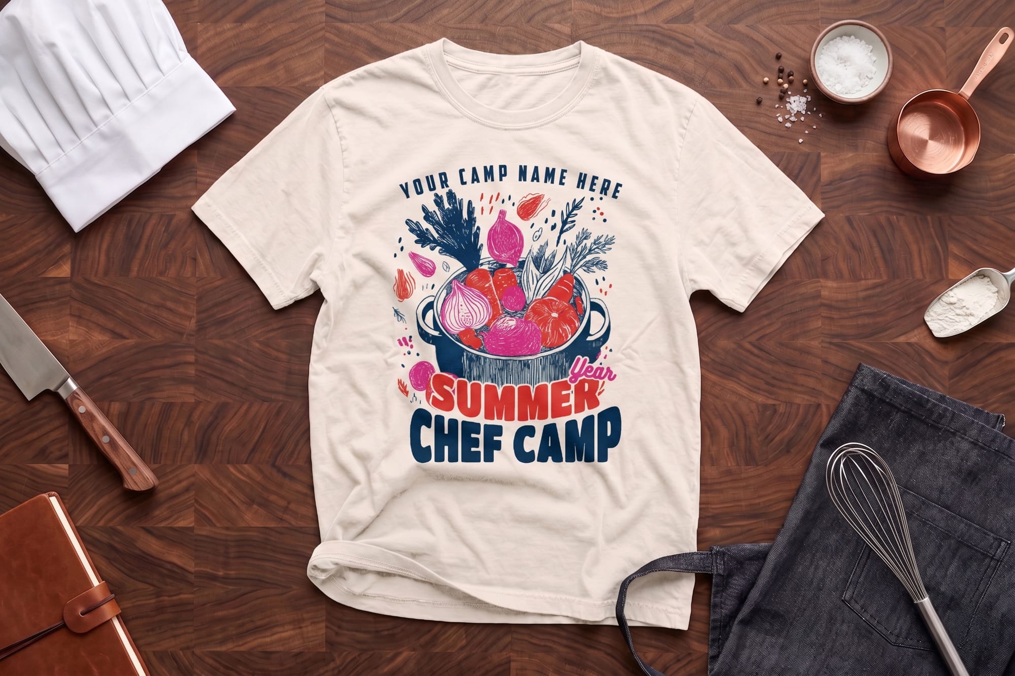 A beige t-shirt with a colorful "Summer Chef Camp" design showing vegetables in a pot. Surrounding items include a chef's hat, knife, apron, and kitchen tools.