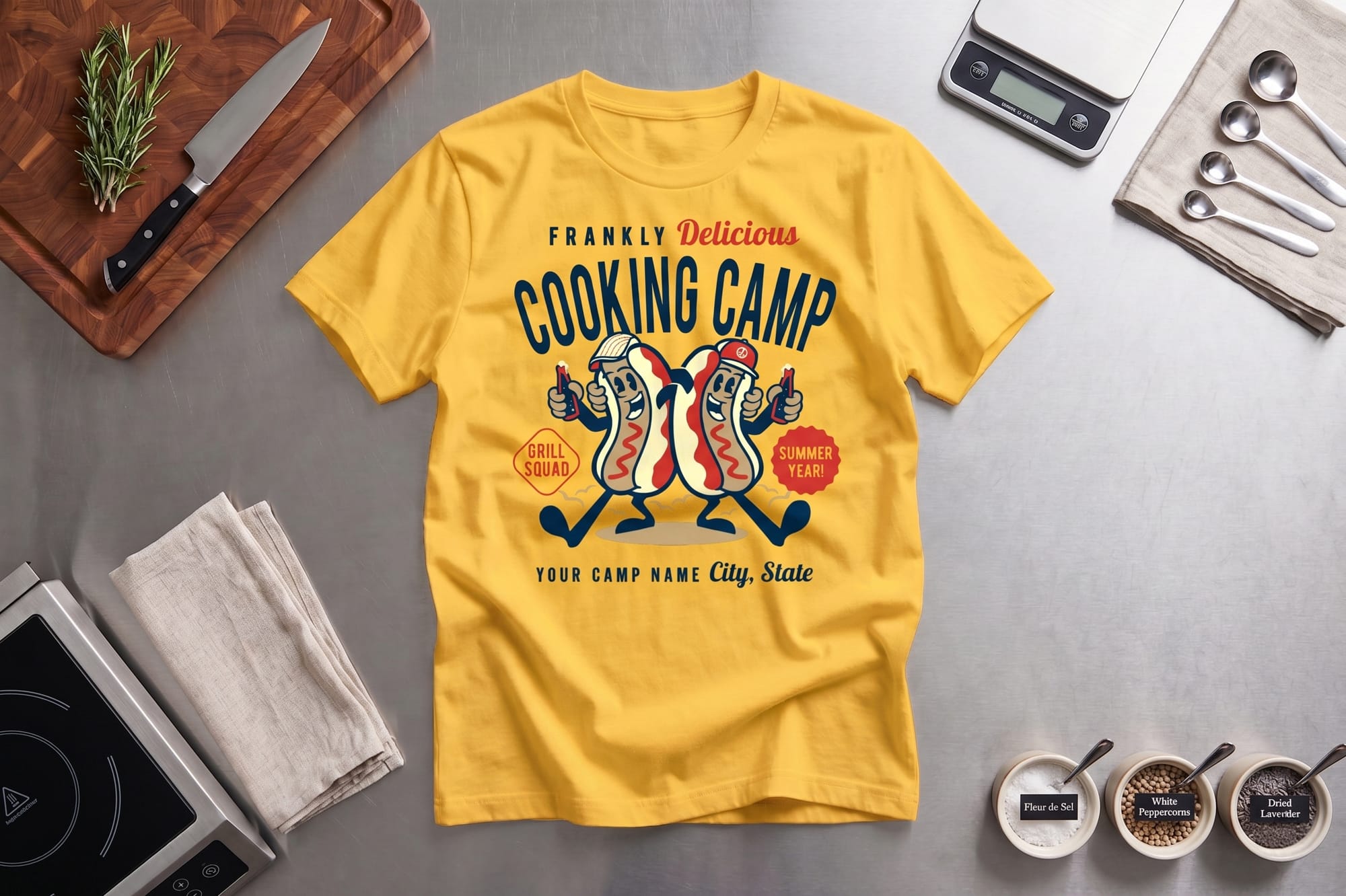 Yellow T-shirt with two animated hot dogs and text "Frankly Delicious Cooking Camp." Set on a kitchen counter with utensils and scale, conveys fun culinary theme.