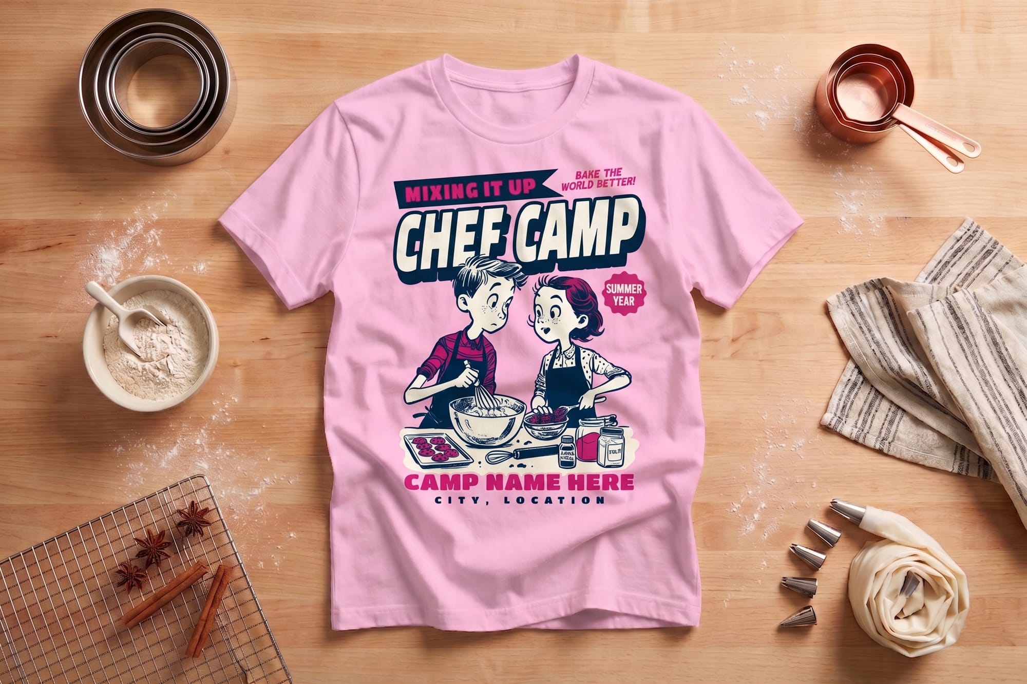 Pink t-shirt with “Chef Camp” design, featuring cartoon kids baking. Surrounding items include flour, baking tools, and kitchen cloth. Playful tone.