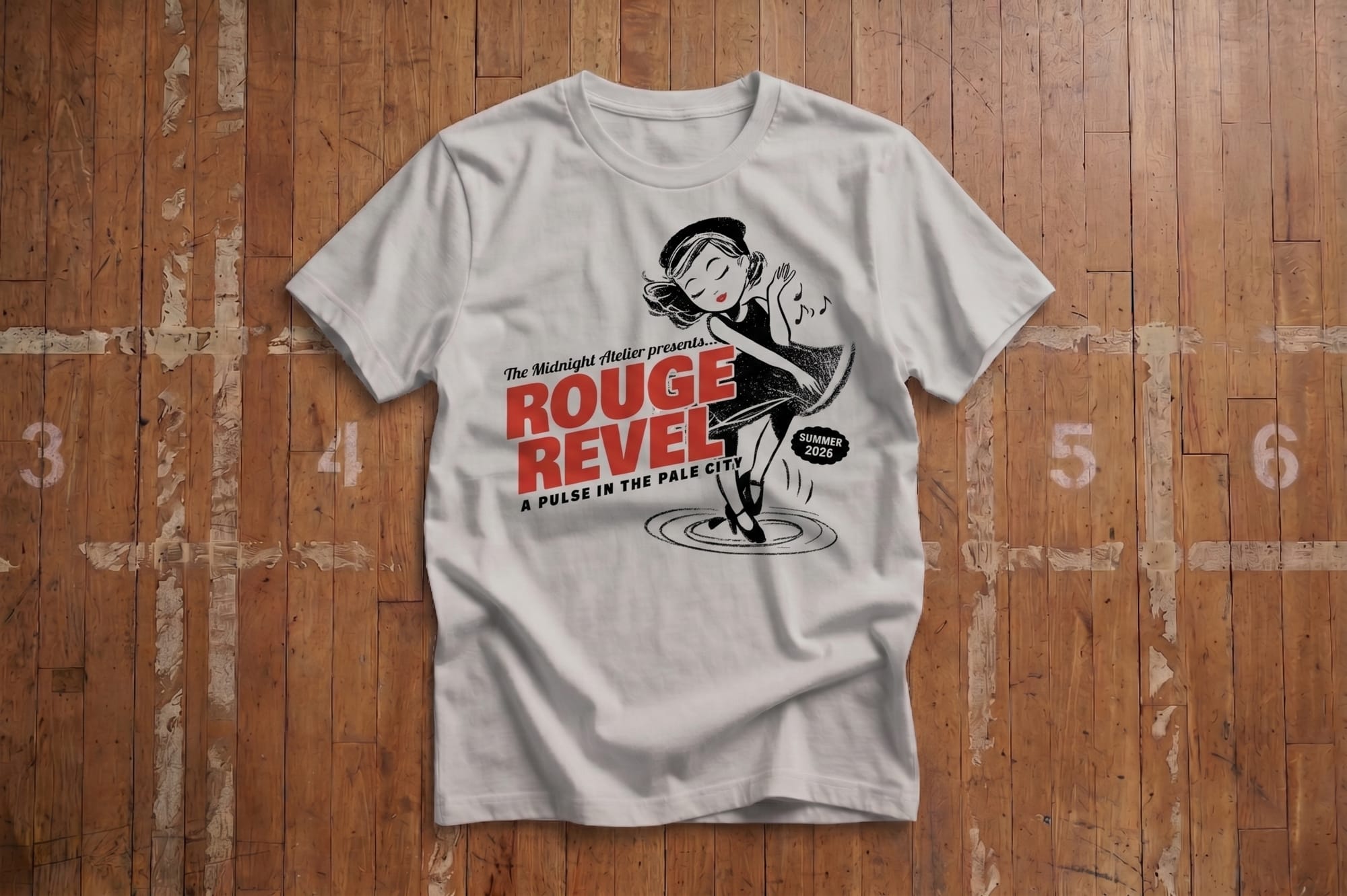 White t-shirt on wooden floor, featuring a vintage dancing woman design and red text "Rouge Revel" with the tagline "A Pulse in the Pale City."