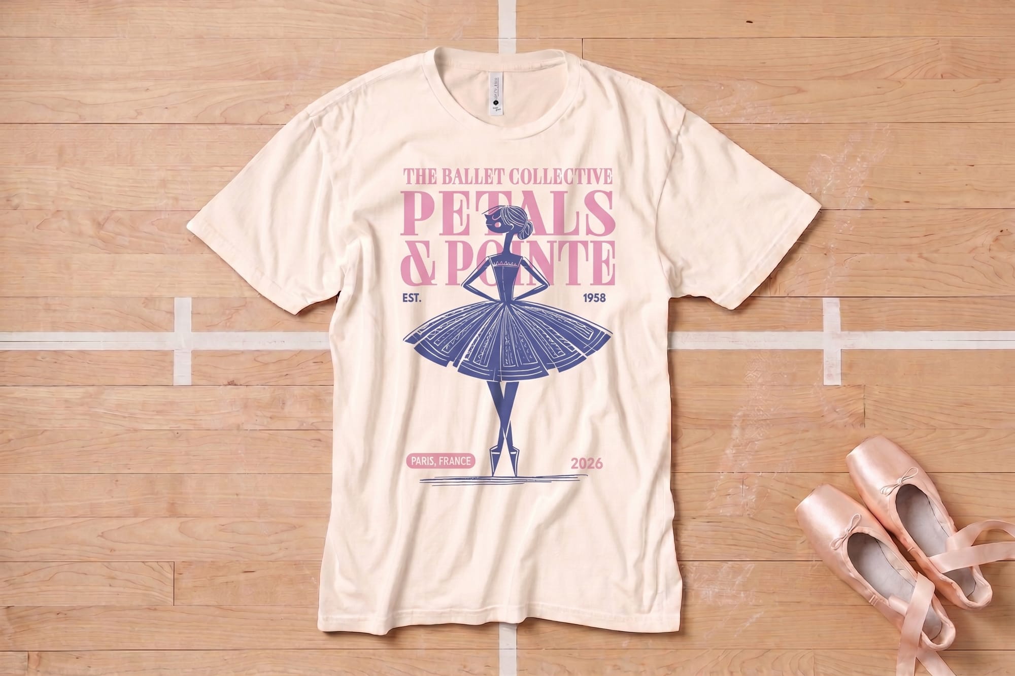 Cream t-shirt on wooden floor with pink ballet shoes. Features a sketch of a ballerina and text, "The Ballet Collective: Petals & Pointe" in pink.
