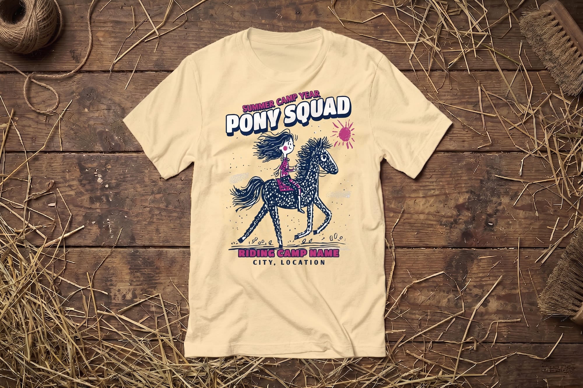 A beige T-shirt on a wooden floor with straw. "Pony Squad" text is above an illustration of a girl on a pony. The design is lively and playful.