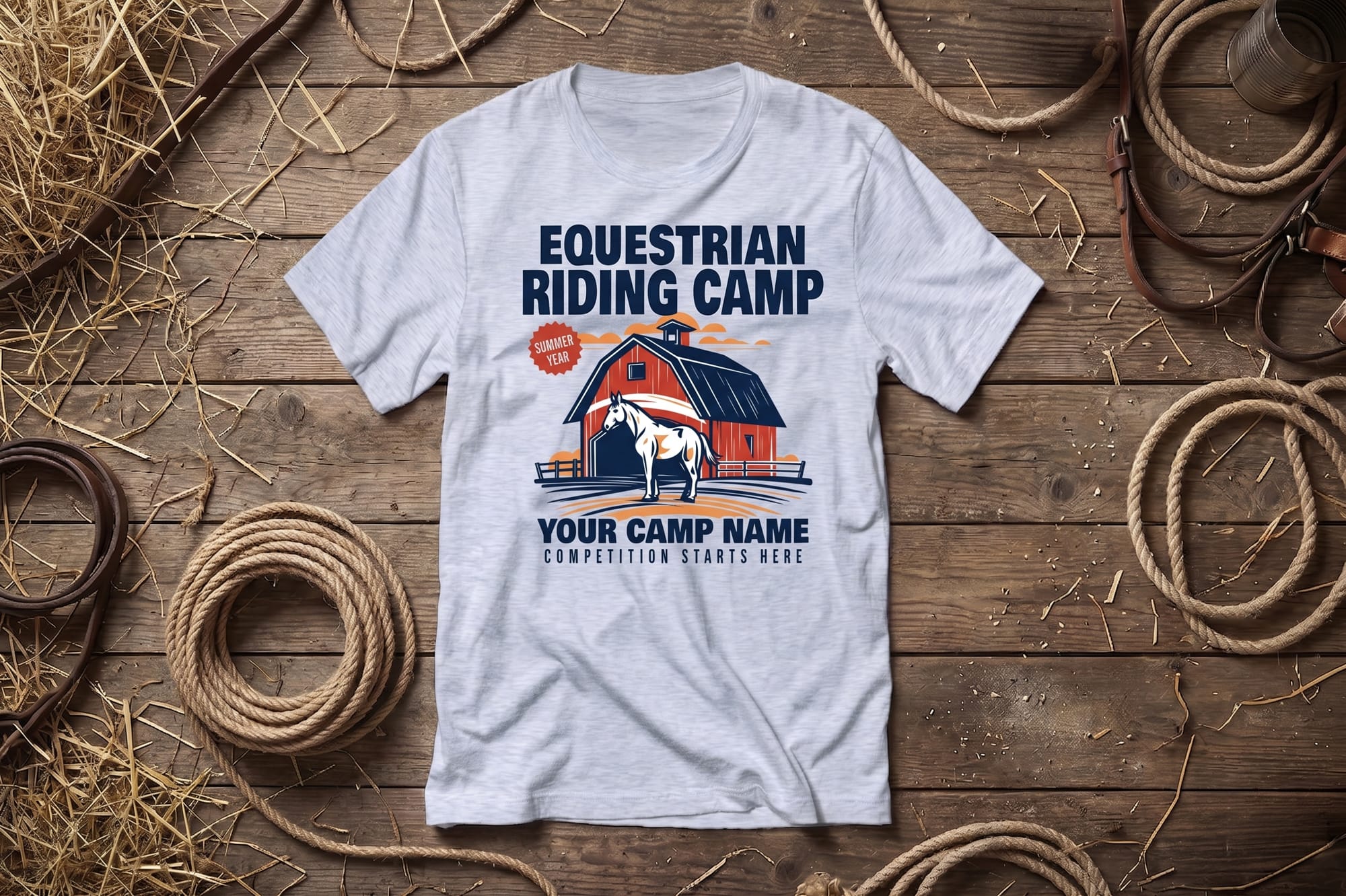 T-shirt on a rustic wooden surface with ropes and straw. Design features an equestrian riding camp theme with a barn and horse illustration.